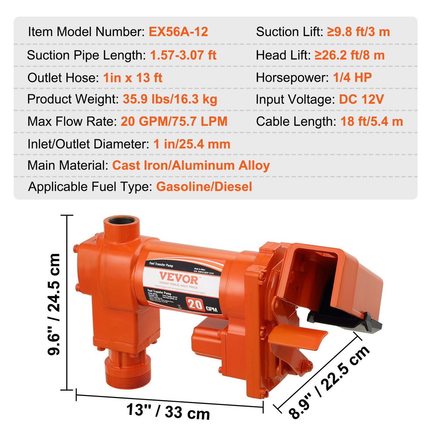 VEVOR Fuel Transfer Pump, 12V DC 20 GPM 1/4 HP, Gasoline Extractor Pump with Automatic Nozzle, Discharge Hose & Suction Pipe for Gasoline, Diesel, Kerosene, Ethanol & Methanol Blends, and Biodiesel