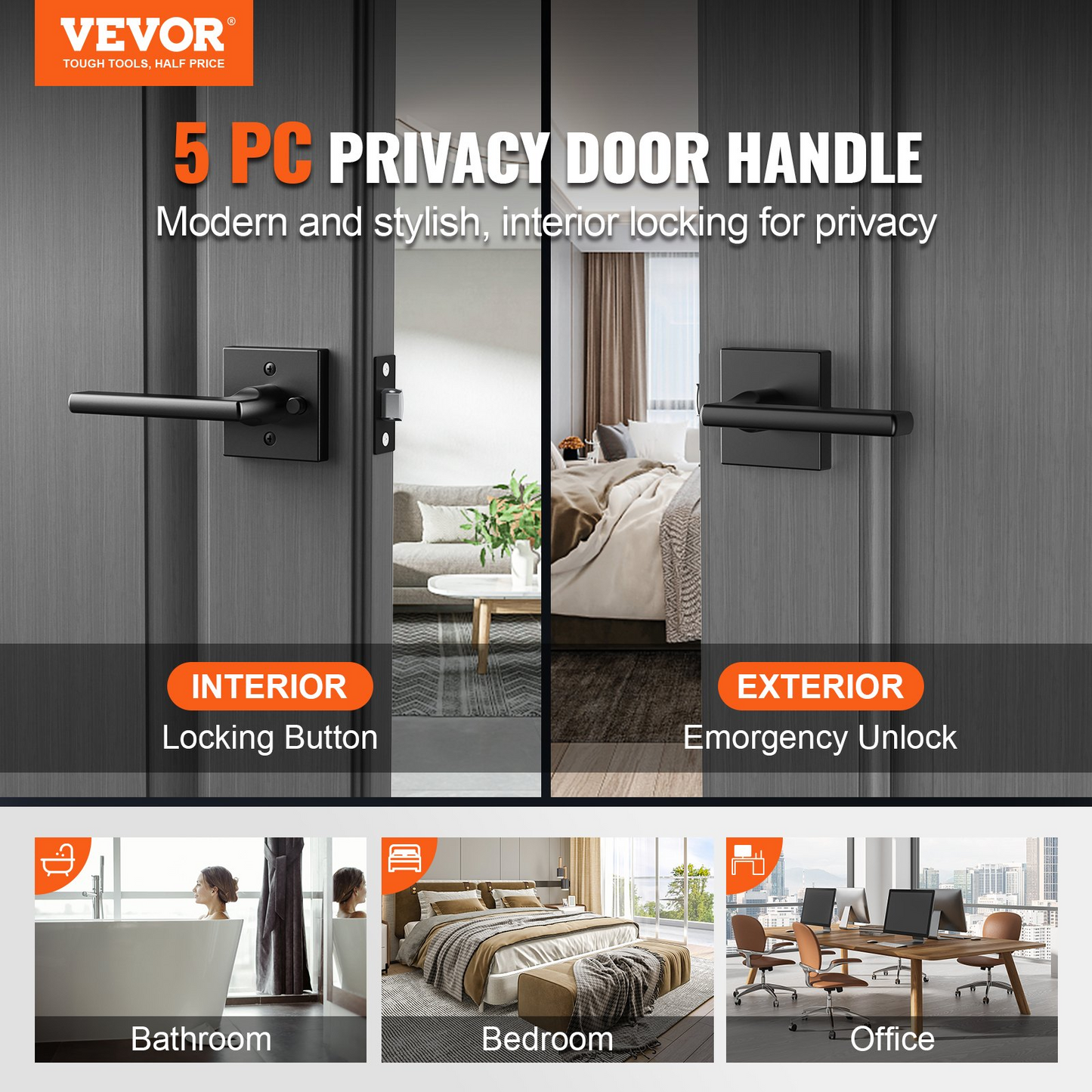 VEVOR Privacy Door Handle, 5-Pack Matte Black Door Lever, Right or Left Handing Reversible Lever with Keyless Lock, 45° Rotation to Open, Square Interior Door Handles for Bathroom and Bedroom Doors