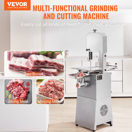 VEVOR Commercial Electric Meat Bandsaw, 850W Stainless Steel Vertical Bone Sawing Machine, Workbeach 23.6" x 18.3", 0.16-9.1 Inch Cutting Thickness, Frozen Meat Cutter with 2 Blades for Rib Pork Beef