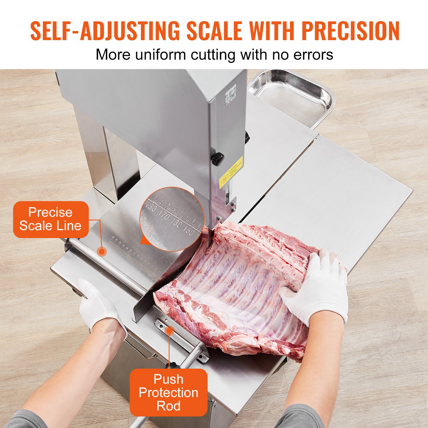 VEVOR Commercial Electric Meat Bandsaw, 850W Stainless Steel Vertical Bone Sawing Machine, Workbeach 23.6" x 18.3", 0.16-9.1 Inch Cutting Thickness, Frozen Meat Cutter with 2 Blades for Rib Pork Beef