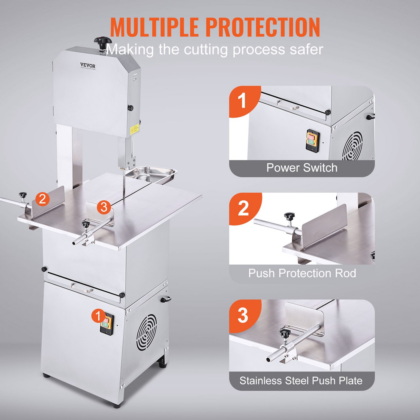 VEVOR Commercial Electric Meat Bandsaw, 850W Stainless Steel Vertical Bone Sawing Machine, Workbeach 23.6" x 18.3", 0.16-9.1 Inch Cutting Thickness, Frozen Meat Cutter with 2 Blades for Rib Pork Beef