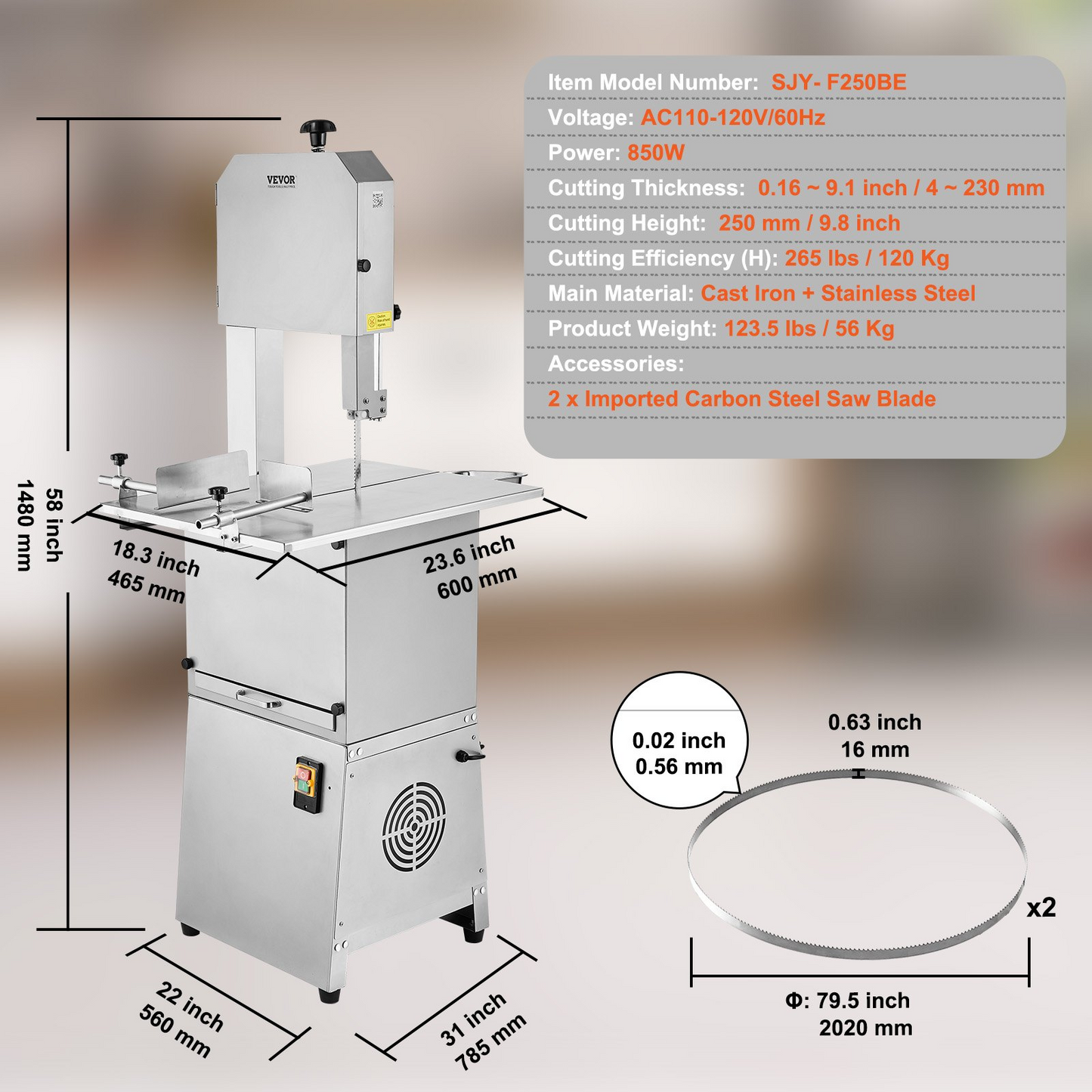 VEVOR Commercial Electric Meat Bandsaw, 850W Stainless Steel Vertical Bone Sawing Machine, Workbeach 23.6" x 18.3", 0.16-9.1 Inch Cutting Thickness, Frozen Meat Cutter with 2 Blades for Rib Pork Beef