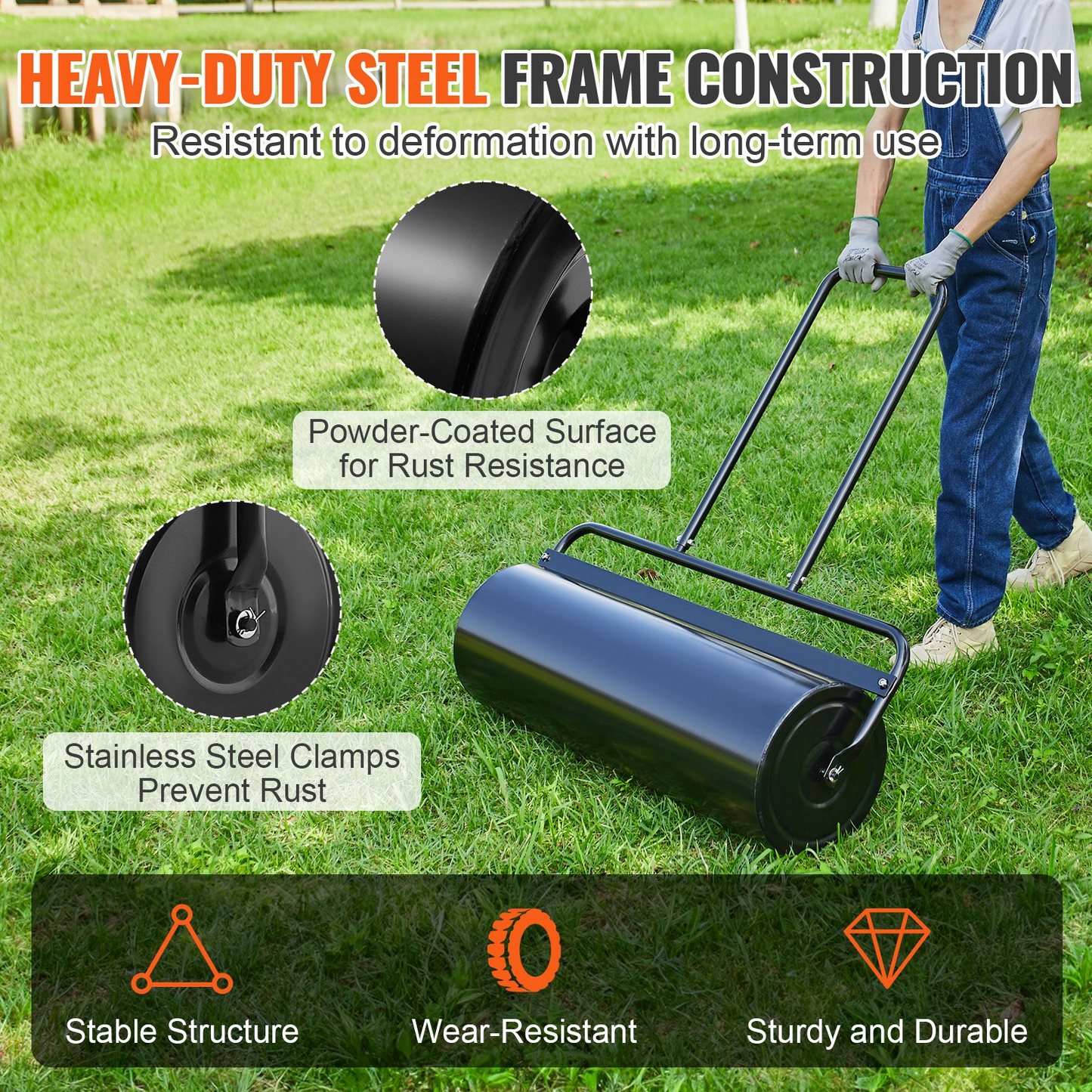 VEVOR Lawn Roller, 17 Gallon Sand/Water Filled Yard Roller, Steel Sod Roller with Easy-turn Plug and U-Shaped Ergonomic Handle for Convenient Push and Pull, for Lawn, Garden, Farm, Park, Black