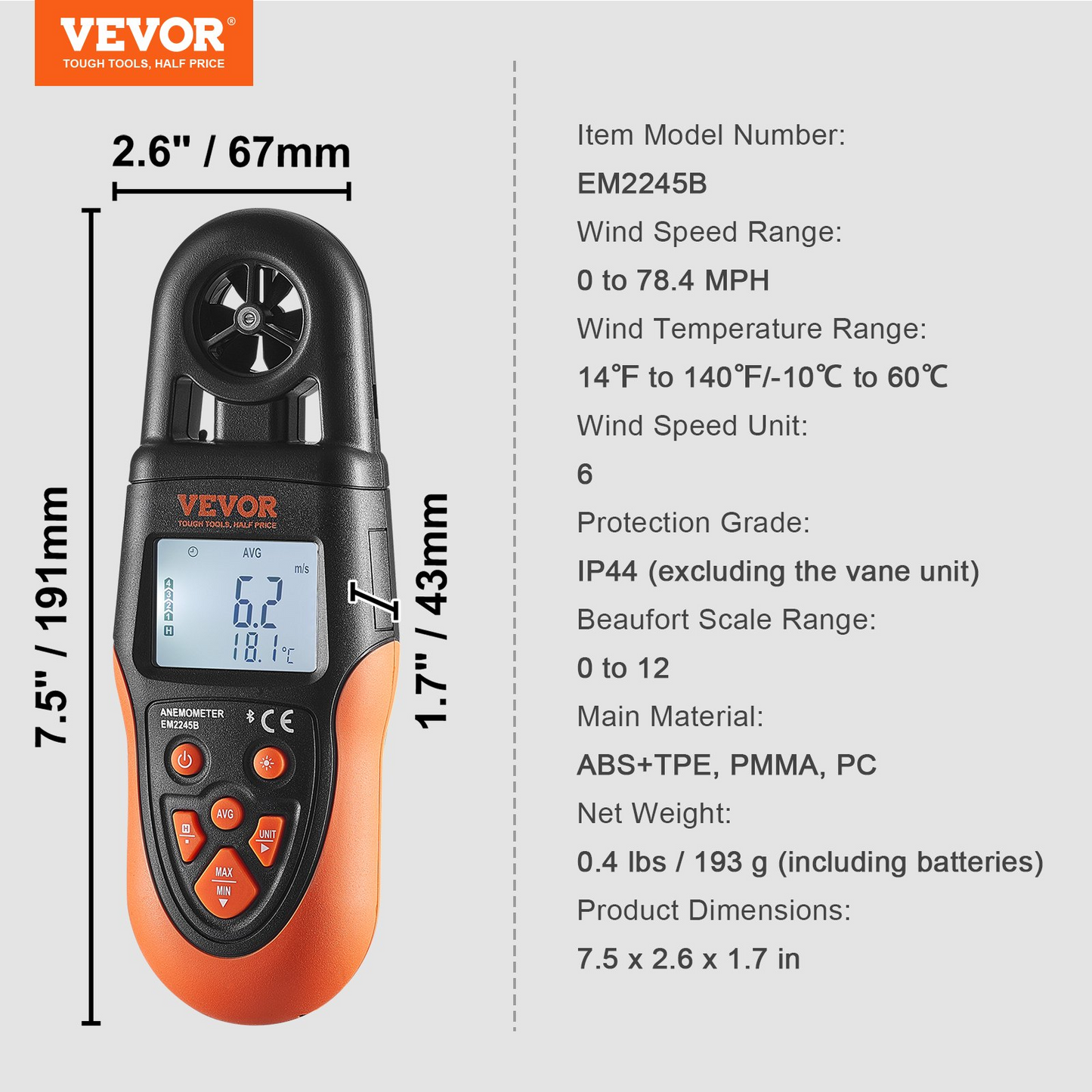 VEVOR Bluetooth Handheld Anemometer, 14℉-140℉, Digital Wind Speed Meter Gauge with LED Backlight Screen, Measures Wind Velocity Wind Temperature Air Flow Wind Chill, for Surfing Drone Flying HVAC