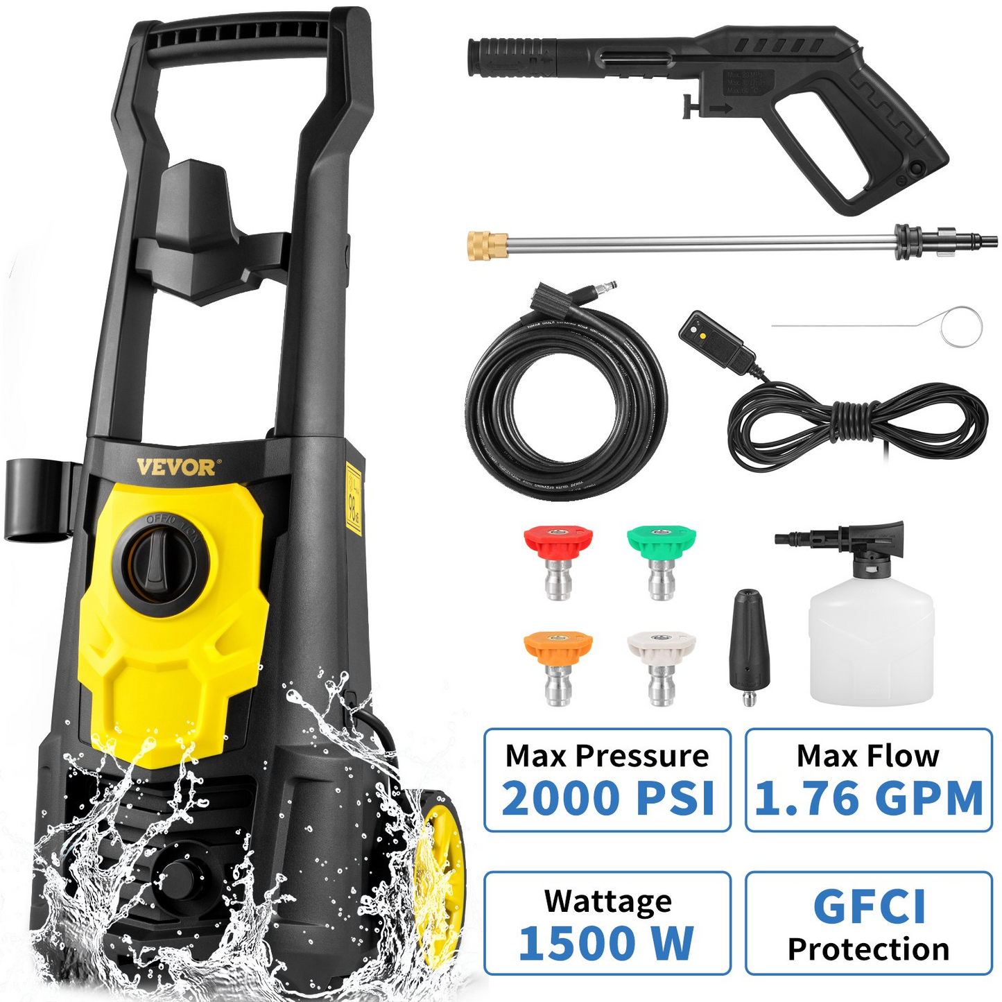 VEVOR Electric Pressure Washer, 2000 PSI, Max. 1.76 GPM Power Washer w/ 30 ft Hose, 5 Quick Connect Nozzles, Foam Cannon, Portable to Clean Patios, Cars, Fences, Driveways, ETL Listed