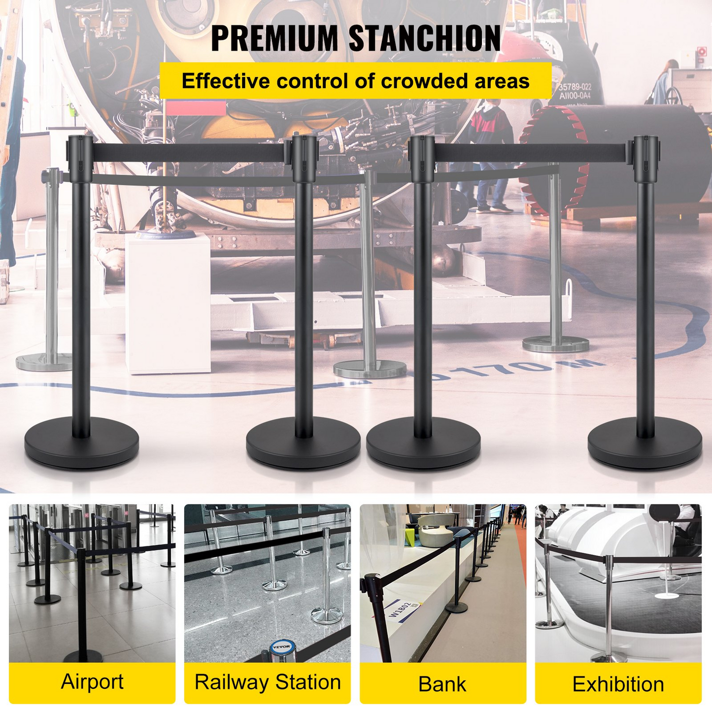 VEVOR Crowd Control Stanchion, Set of 4 Pieces Stanchion Set, Stanchion Set with 6.6 ft/2 m Black Retractable Belt, Black Crowd Control Barrier w/Concrete and Metal Base - Easy Connect Assembly