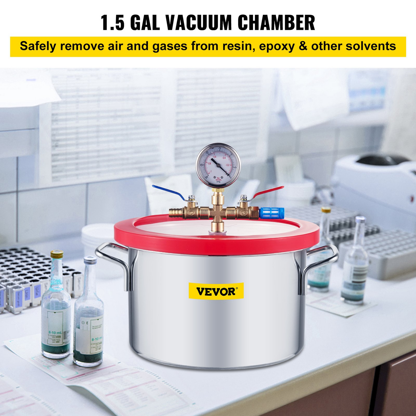 VEVOR Vacuum Chamber 1.5 Gallon Vacuum Degassing Chamber Glass Lid Stainless Steel Degassing Chamber Silicones for Gas Extraction and Protect Food