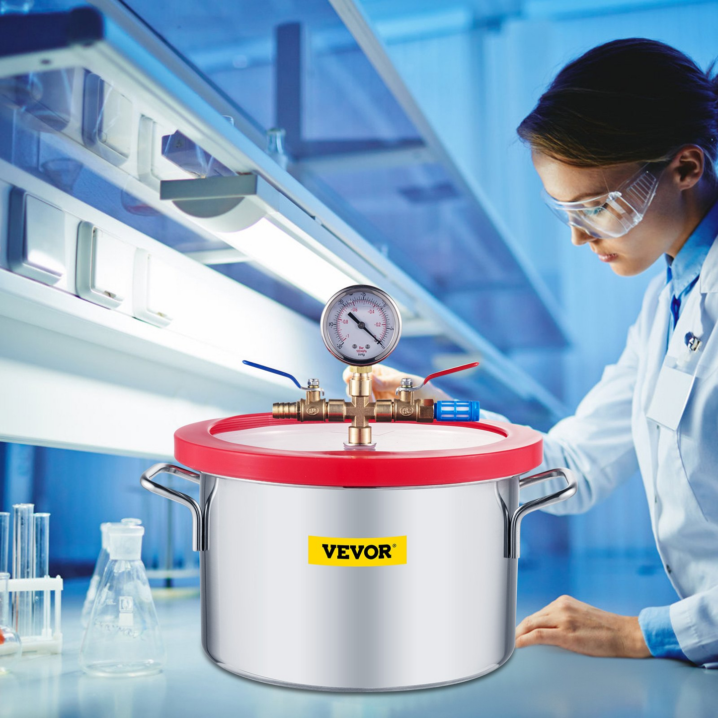 VEVOR Vacuum Chamber 1.5 Gallon Vacuum Degassing Chamber Glass Lid Stainless Steel Degassing Chamber Silicones for Gas Extraction and Protect Food