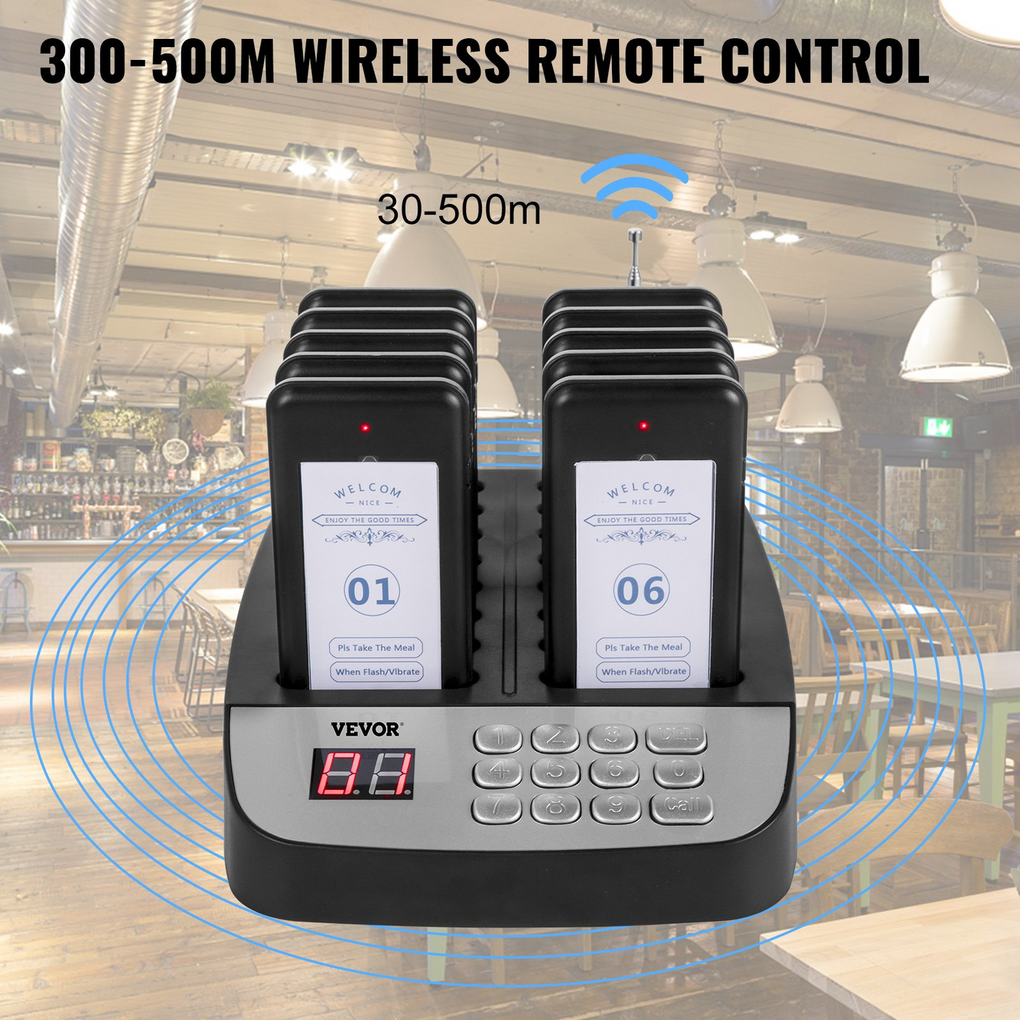 VEVOR F100 Restaurant Pager System 10 Pagers, Max 98 Beepers Wireless Calling System, Set with Vibration, Flashing and Buzzer for Church, Nurse,Hospital & Hotel