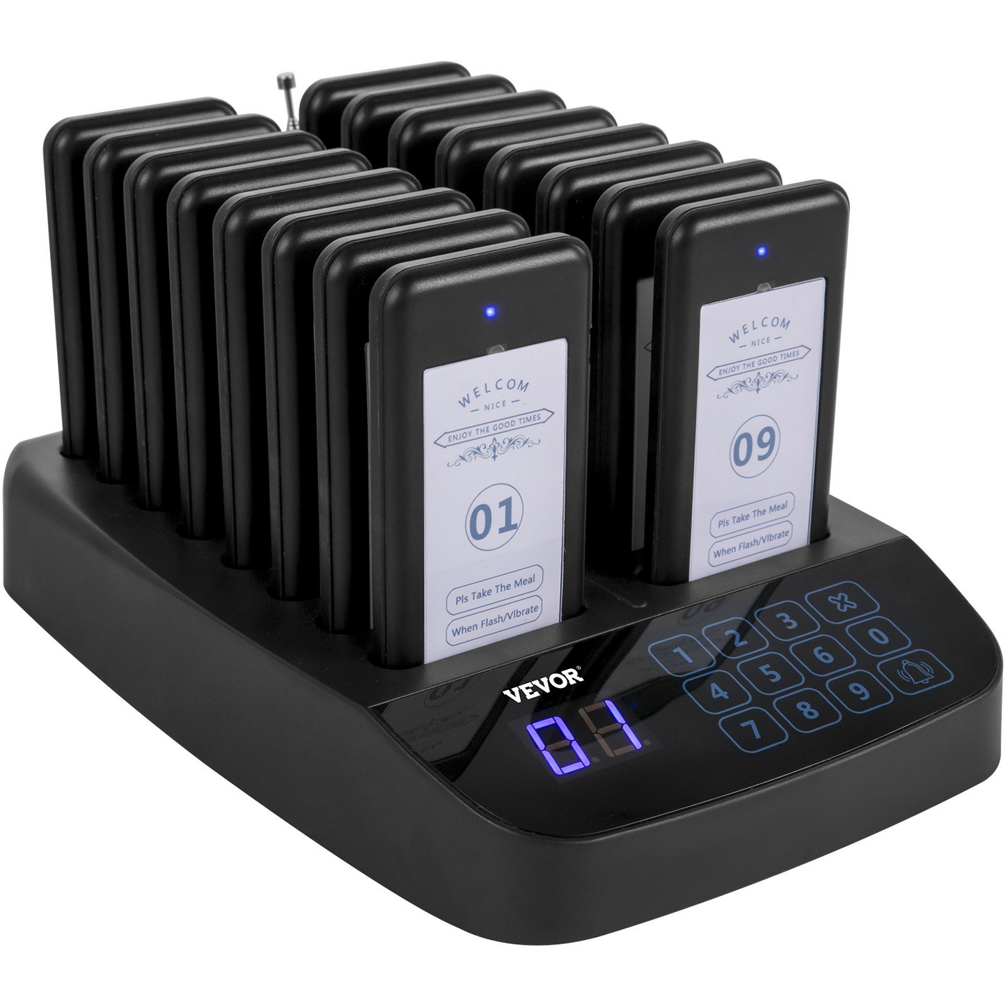 VEVOR F101 Restaurant Pager System 16 Pagers, Max 98 Beepers Wireless Calling System, Touch Keyboard with Vibration, Flashing and Buzzer for Church, Nurse,Hospital & Hotel