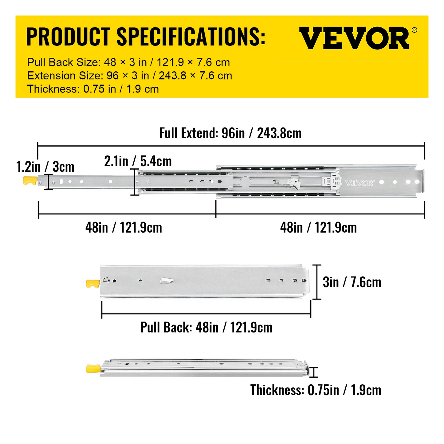 VEVOR Drawer Slides with Lock, 1 Pair 48 inch, Heavy-Duty Industrial Steel up to 500 lbs Capacity, 3-Fold Full Extension, Ball Bearing Lock-in & Lock-Out, Side Mount