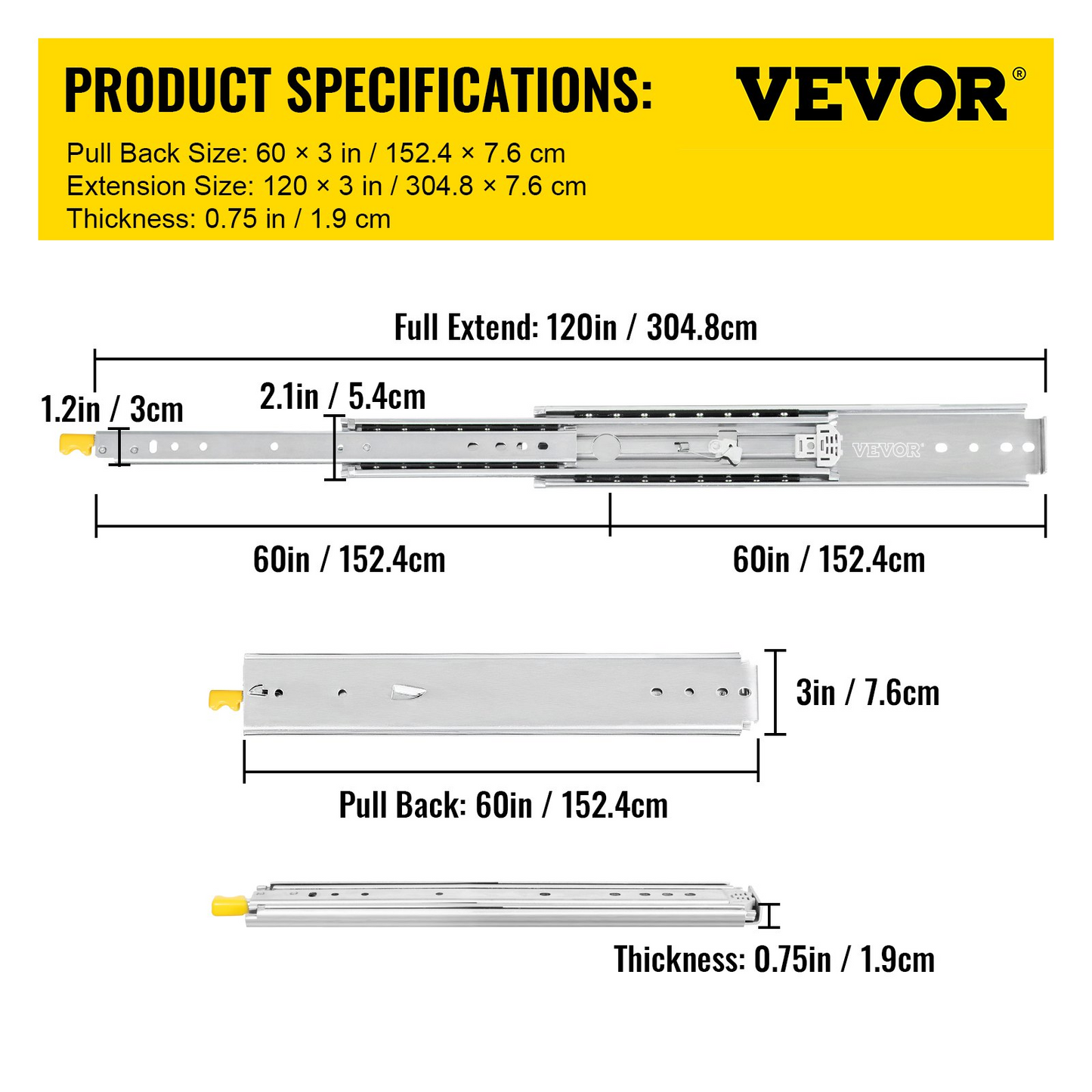 VEVOR Drawer Slides with Lock, 1 Pair 60 inch, Heavy-Duty Industrial Steel up to 500 lbs Capacity, 3-Fold Full Extension, Ball Bearing Lock-in & Lock-Out, Side Mount