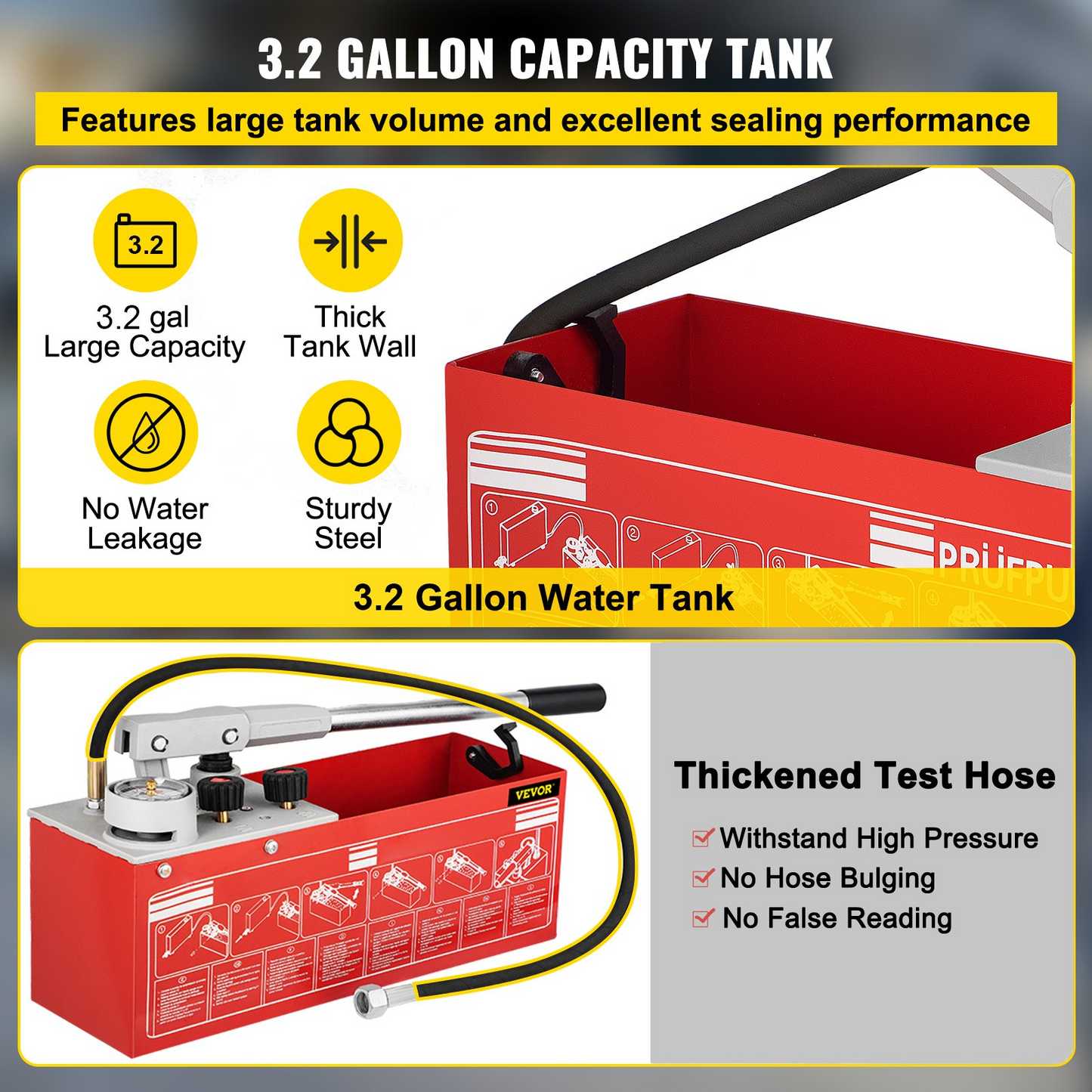 VEVOR Hydrostatic Pressure Test Pump, Test Up to 25 bar/2.5 MPa, 3.2 Gallon Tank, Hydraulic Manual Water Pressure Tester Kit w/ Two-Unit Gauge & R 1/2" Connection, for Pipeline Fluid Pressure Testing