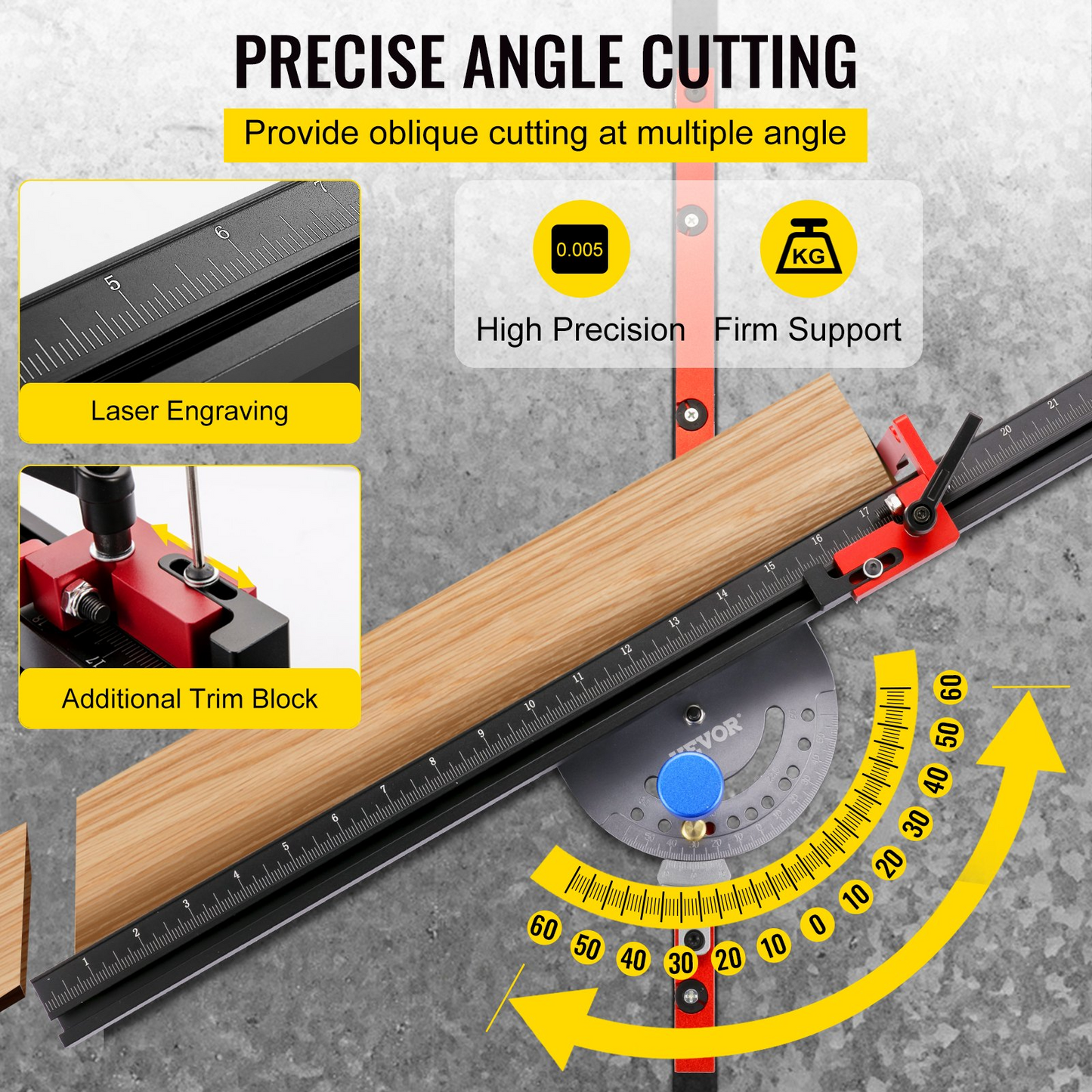 VEVOR Precision Miter Gauge, 18" Aluminum Table Saw Miter Gauge w/ 60 Degree Angled Ends for Max. Stock Support and a Repetitive Cut Flip Stop, Miter Saw Fence w/Laser Marking Scale