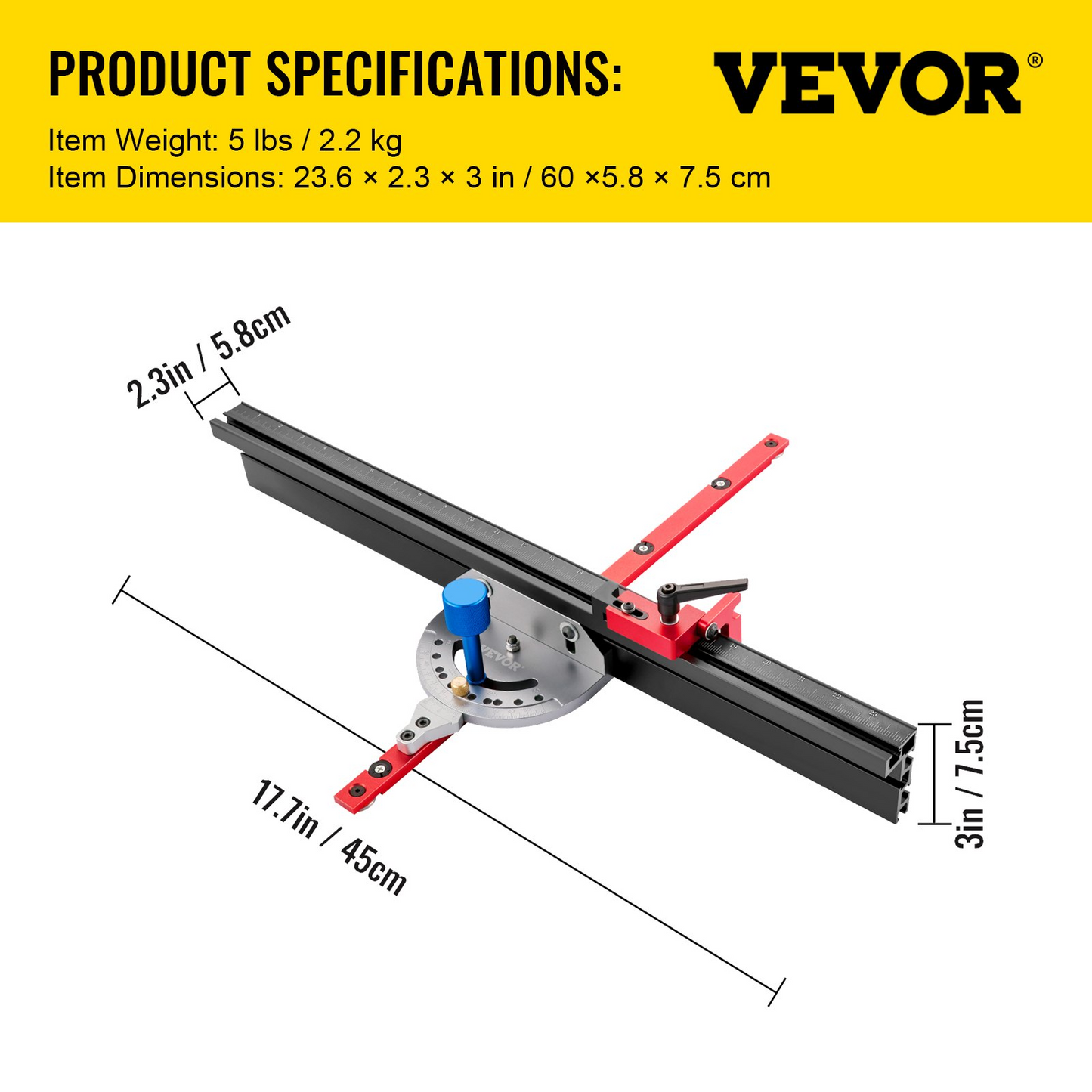 VEVOR Precision Miter Gauge, 18" Aluminum Table Saw Miter Gauge w/ 60 Degree Angled Ends for Max. Stock Support and a Repetitive Cut Flip Stop, Miter Saw Fence w/Laser Marking Scale