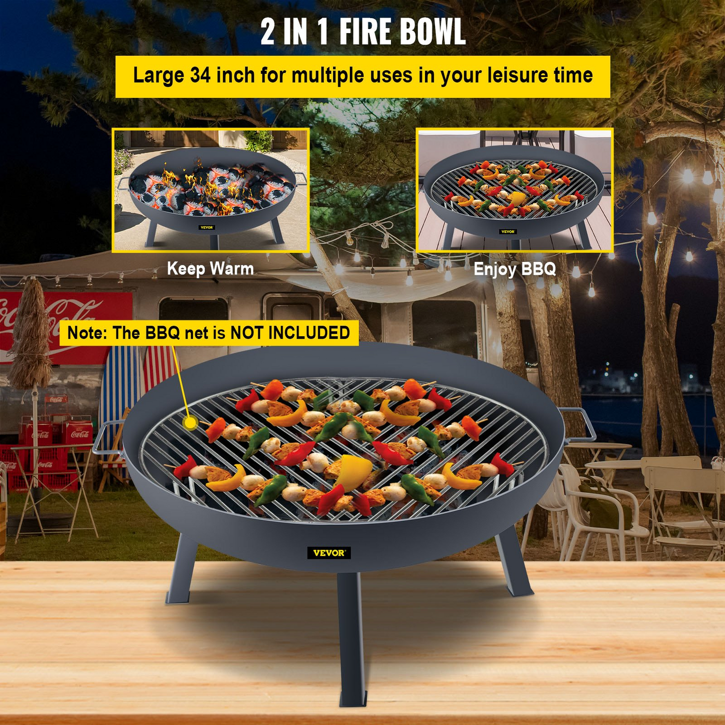 VEVOR Fire Pit Bowl, 34-Inch Diameter Round Carbon Steel Fire Bowl, Wood Burning for Outdoor Patios, Backyards & Camping Uses, with A Drain Hole, Portable Handles and A Firewood Stick, Black