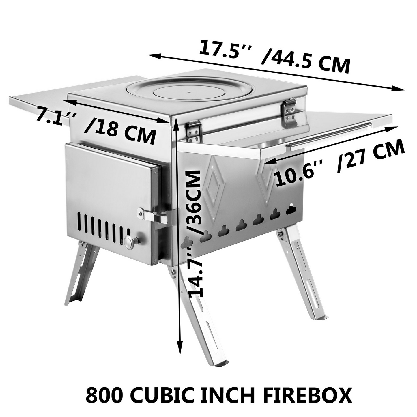 VEVOR Tent Wood Stove 17.5x14.7x10.6 inch, Camping Wood Stove 304 Stainless Steel With Folding Pipe, Portable Wood Stove 95.7 inch Total Height For Camping, Tent Heating, Hunting, Outdoor Cooking