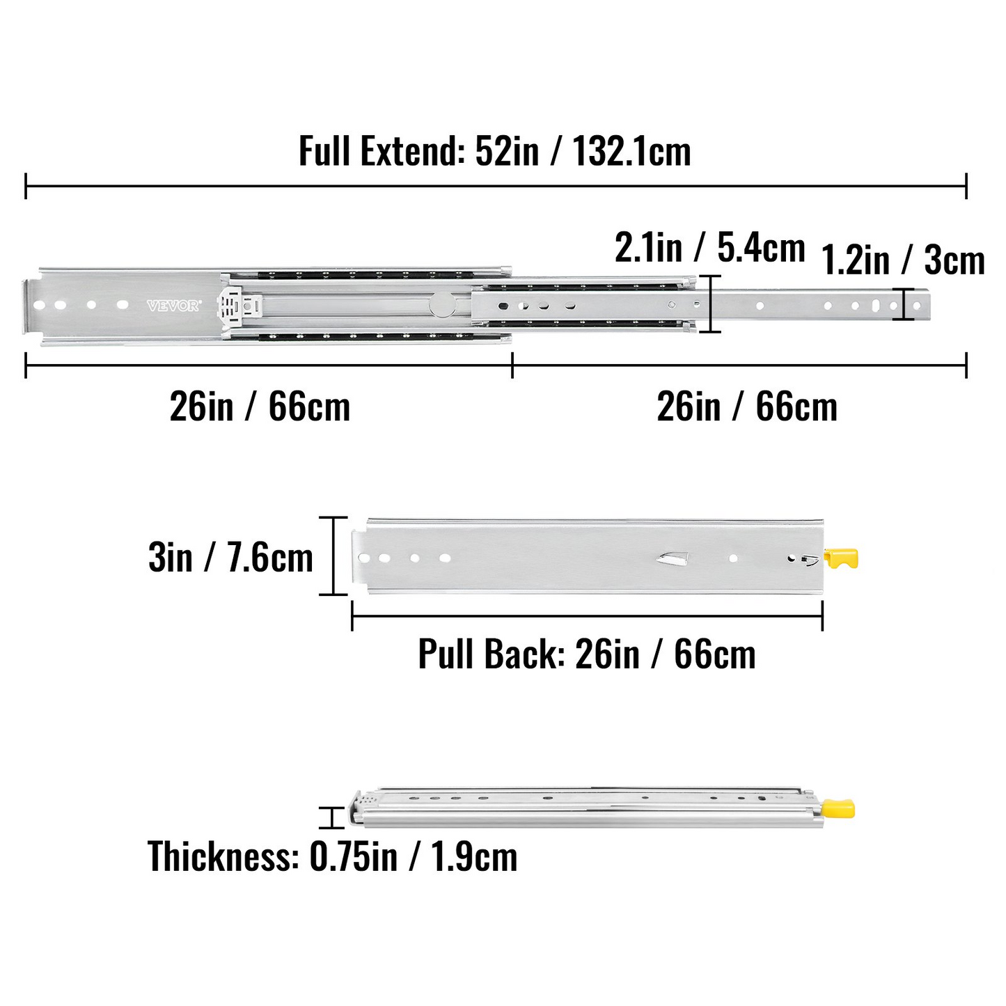 VEVOR Heavy Duty Drawer Slides 26" Length, Locking Drawer Slides 500lbs Load Capacity Long Full Extension Drawer Slide 1 Pair Side Mount Ball Bearing Drawer Glides Push to Open Drawer Runners Rail