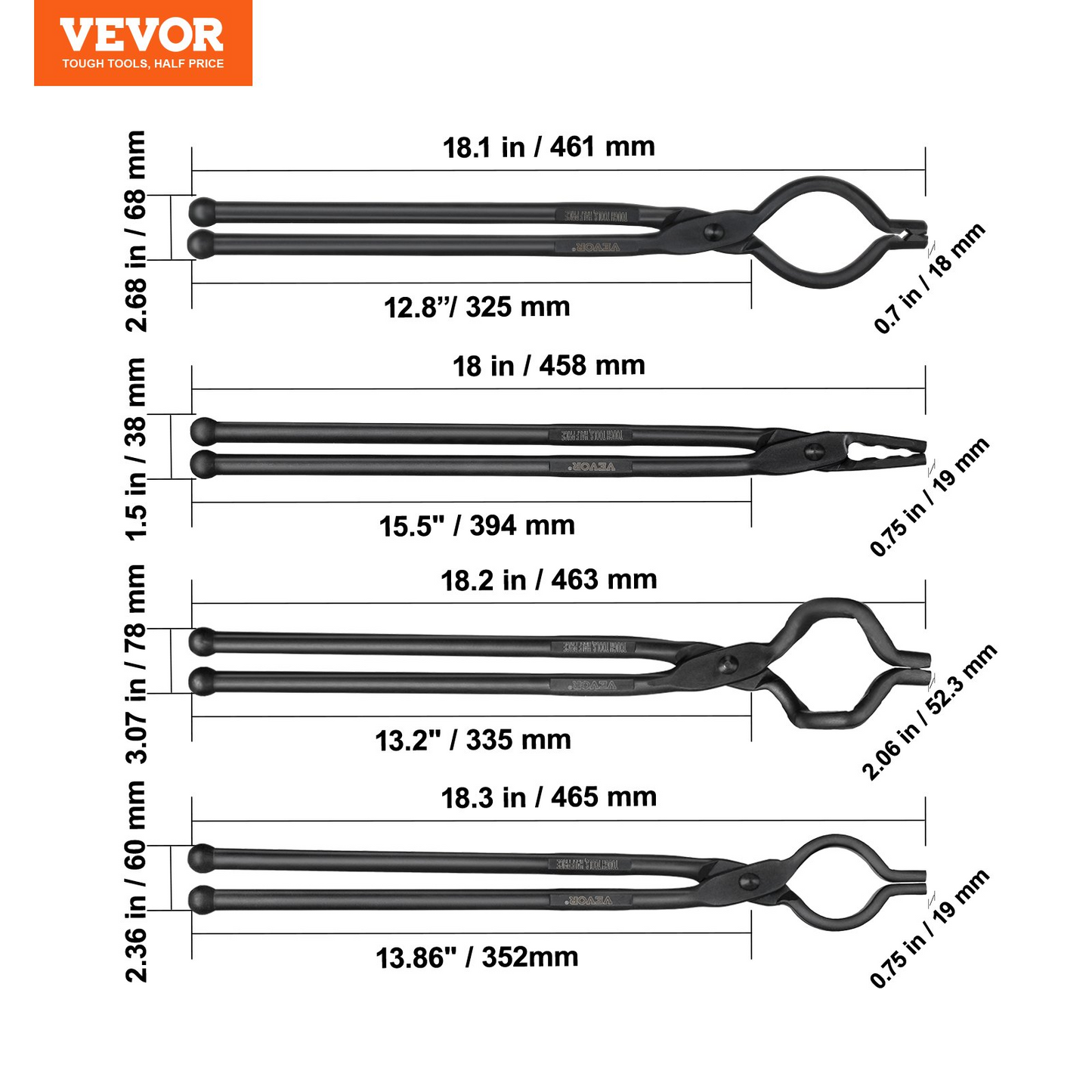 VEVOR Blacksmith Tongs, 18” 4 PCS, V-Bit Bolt Tongs, Wolf Jaw Tongs, Z V-Bit Tongs and Gripping Tongs, Carbon Steel Forge Tongs with A3 Steel Rivets, for Beginner and Seasoned Blacksmiths, Bladesmiths