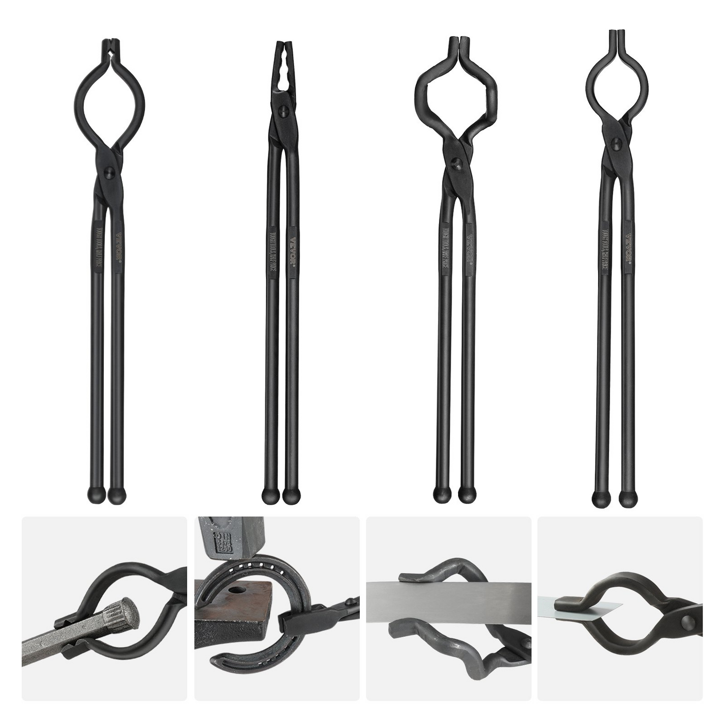 VEVOR Blacksmith Tongs, 18” 4 PCS, V-Bit Bolt Tongs, Wolf Jaw Tongs, Z V-Bit Tongs and Gripping Tongs, Carbon Steel Forge Tongs with A3 Steel Rivets, for Beginner and Seasoned Blacksmiths, Bladesmiths