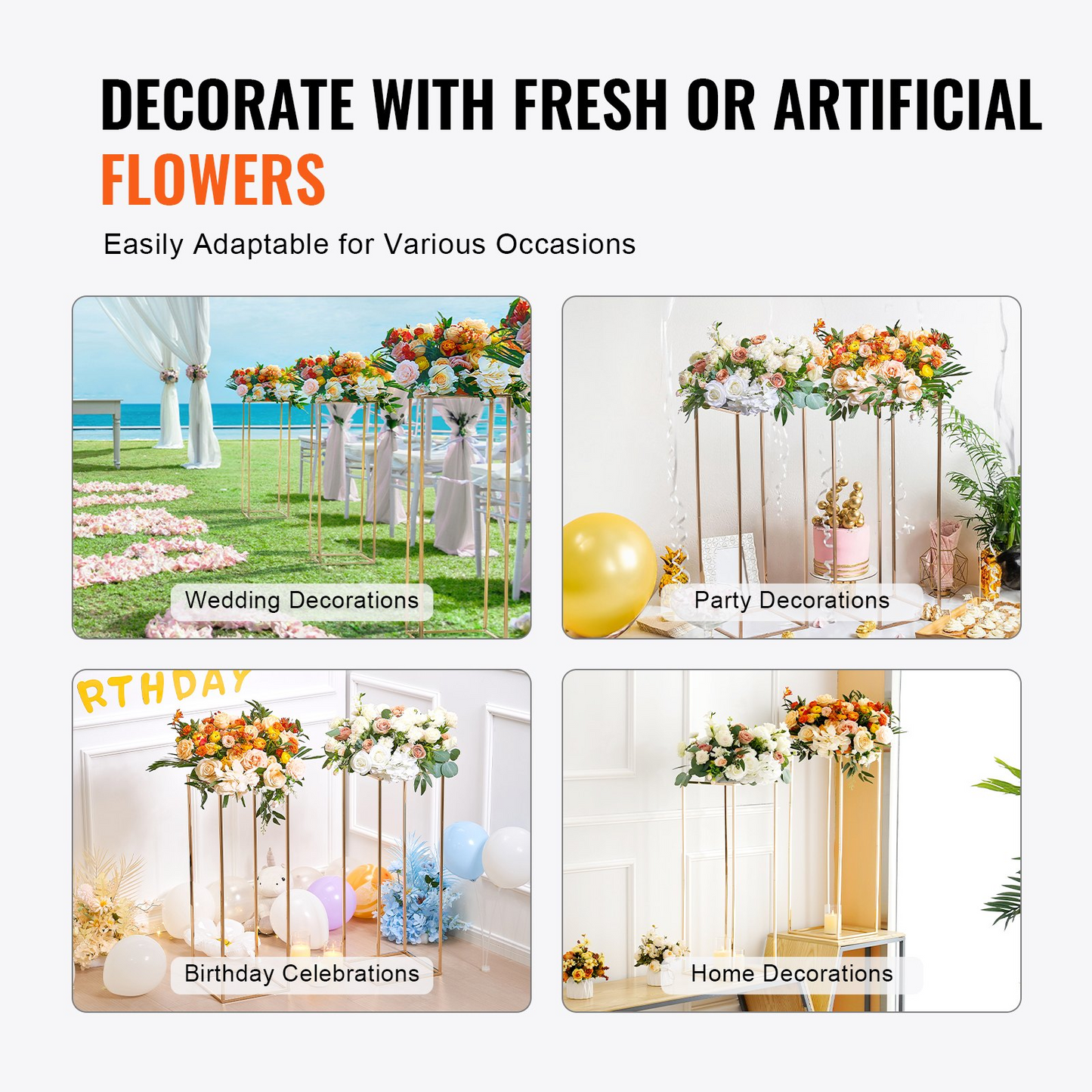 VEVOR 2PCS 31.5inch High Wedding Flower Stand, With Acrylic Laminate,Metal Vase Column Geometric Centerpiece Stands, Gold Rectangular Floral Display Rack for Events Reception, Party Decoration