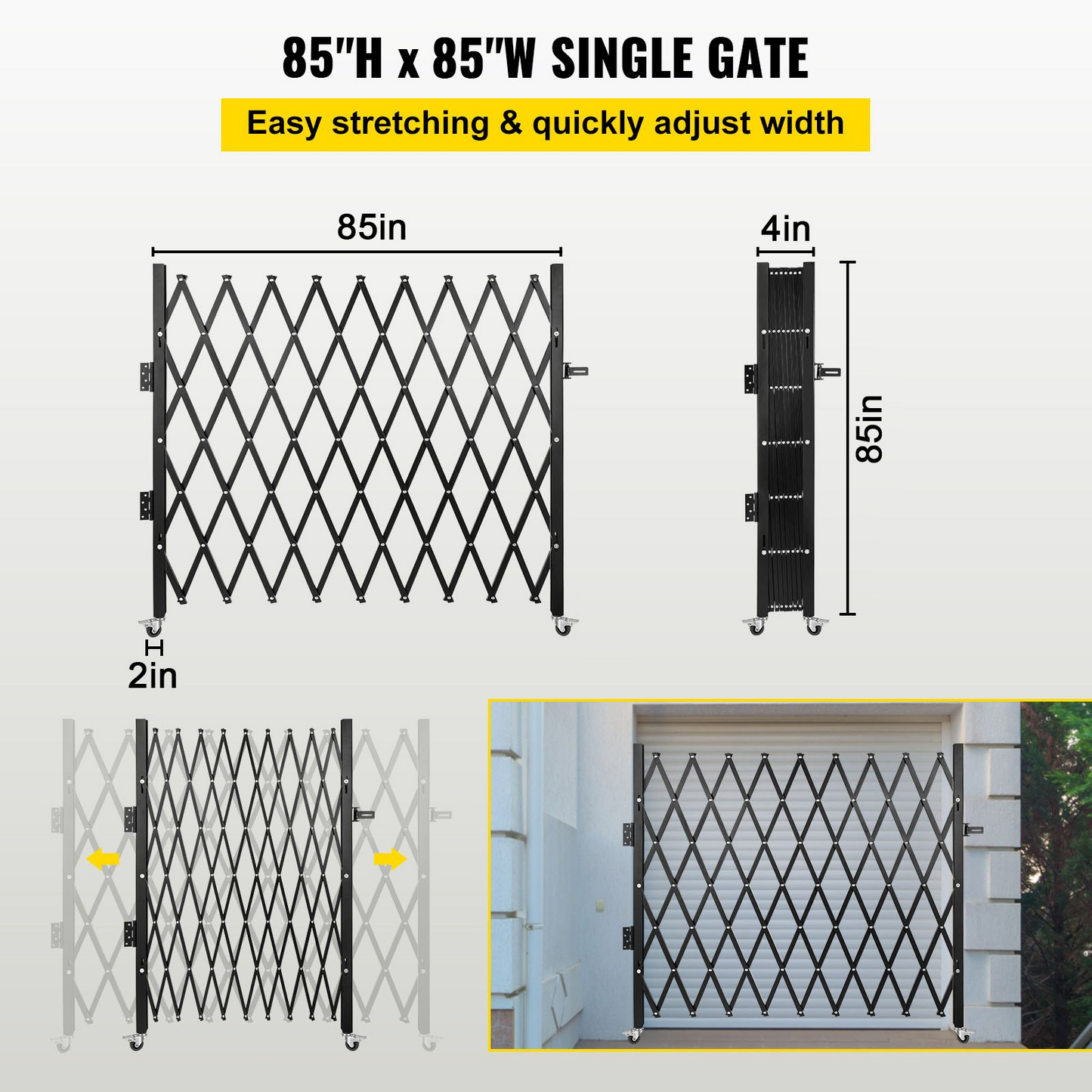 VEVOR Single Folding Security Gate, 7.1' H x 7.1' W （85 x 85 inch）Folding Door Gate, Steel Accordion Security Gate, Flexible Expanding Security Gate, 360° Rolling Barricade Gate, Scissor Gate/Door with Padlock