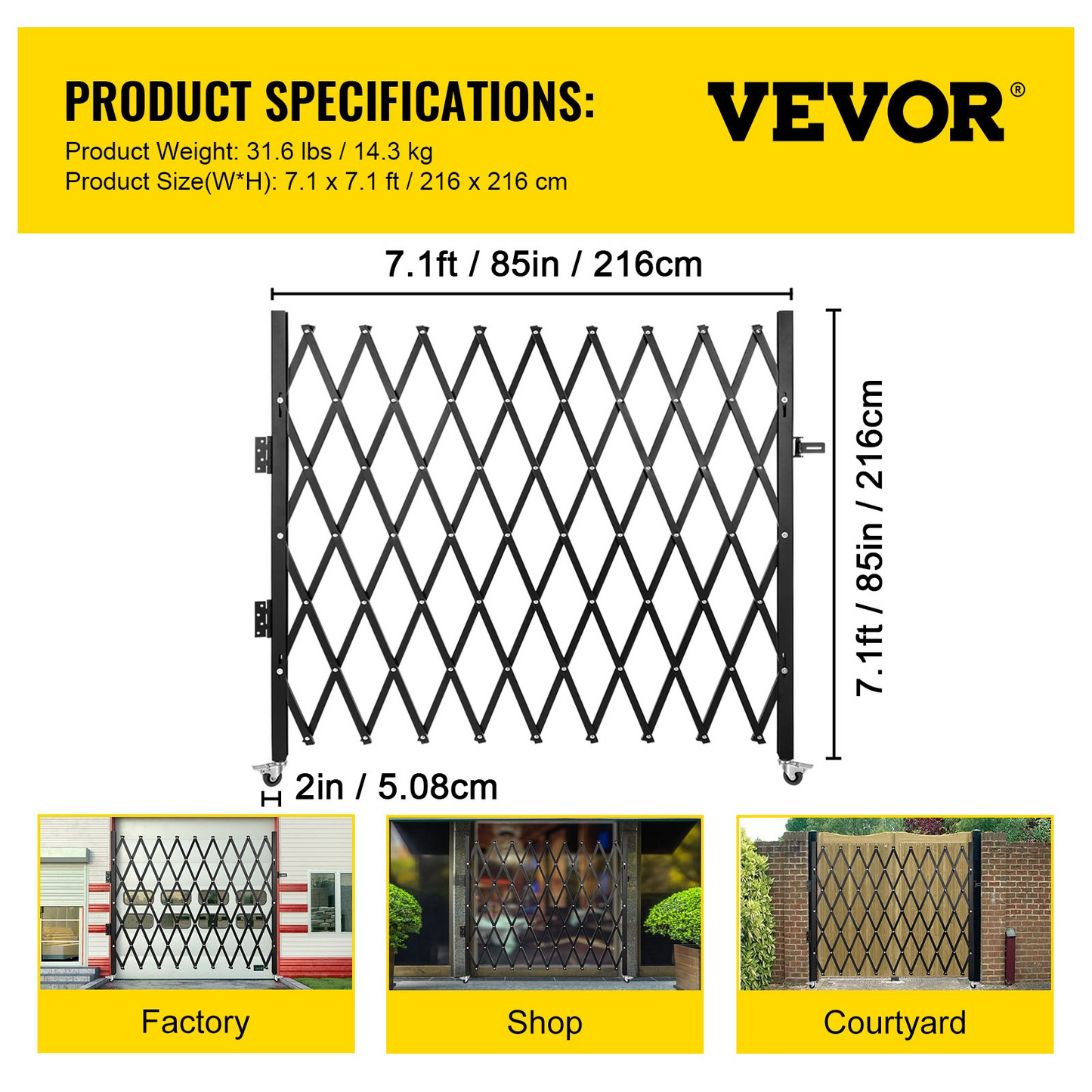 VEVOR Single Folding Security Gate, 7.1' H x 7.1' W （85 x 85 inch）Folding Door Gate, Steel Accordion Security Gate, Flexible Expanding Security Gate, 360° Rolling Barricade Gate, Scissor Gate/Door with Padlock