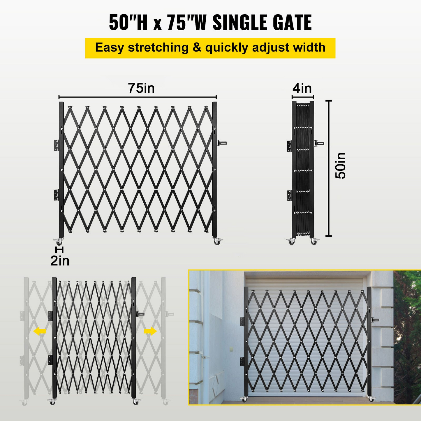 VEVOR Single Folding Security Gate, 50" H x 75" W Folding Door Gate, Steel Accordion Security Gate, Flexible Expanding Security Gate, 360° Rolling Barricade Gate, Scissor Gate or Door with Padlock