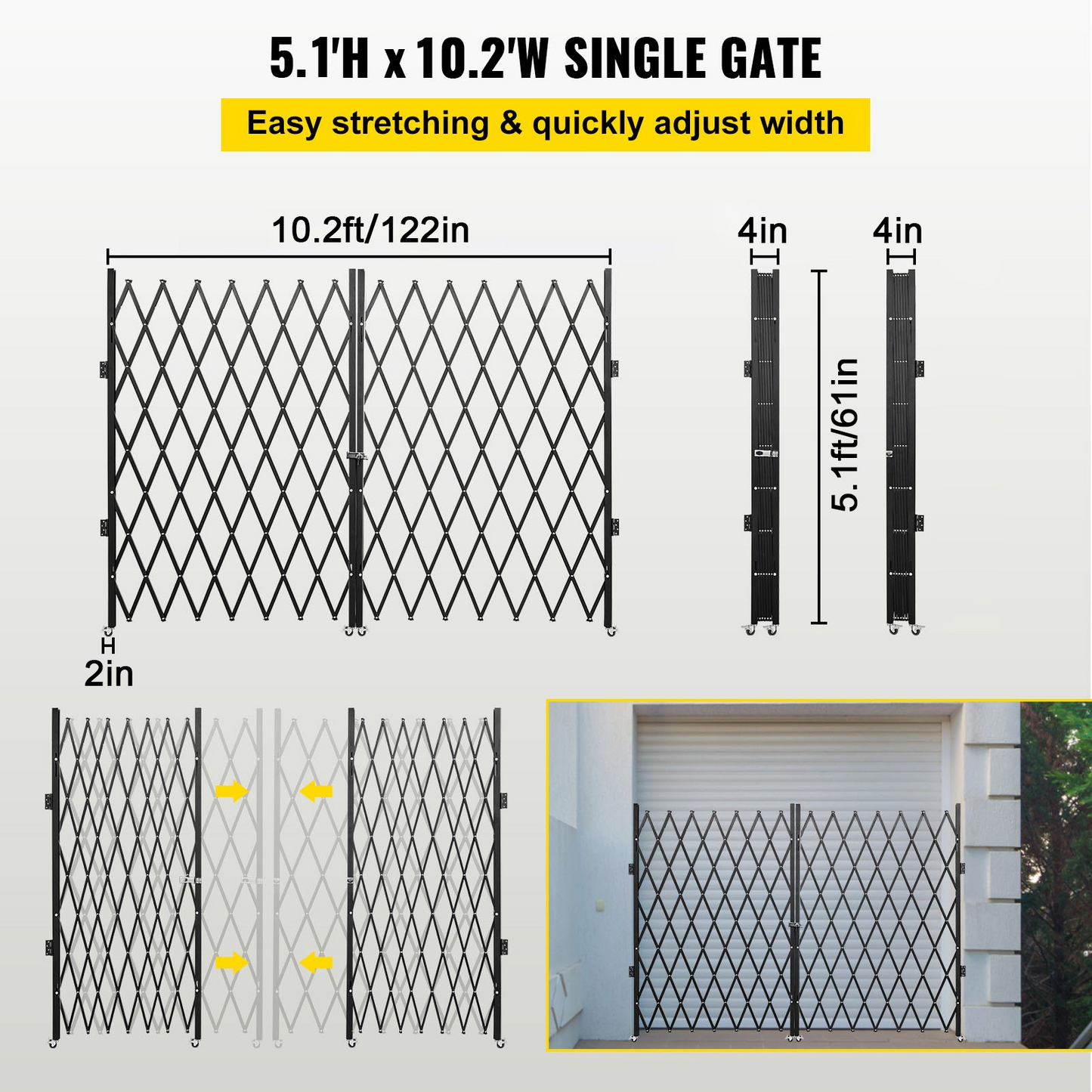 VEVOR Double Folding Security Gate, 5.1' H x 10.2' W Folding Door Gate, Steel Accordion Security Gate, Flexible Expanding Security Gate, 360° Rolling Barricade Gate, Scissor Gate or Door with Keys