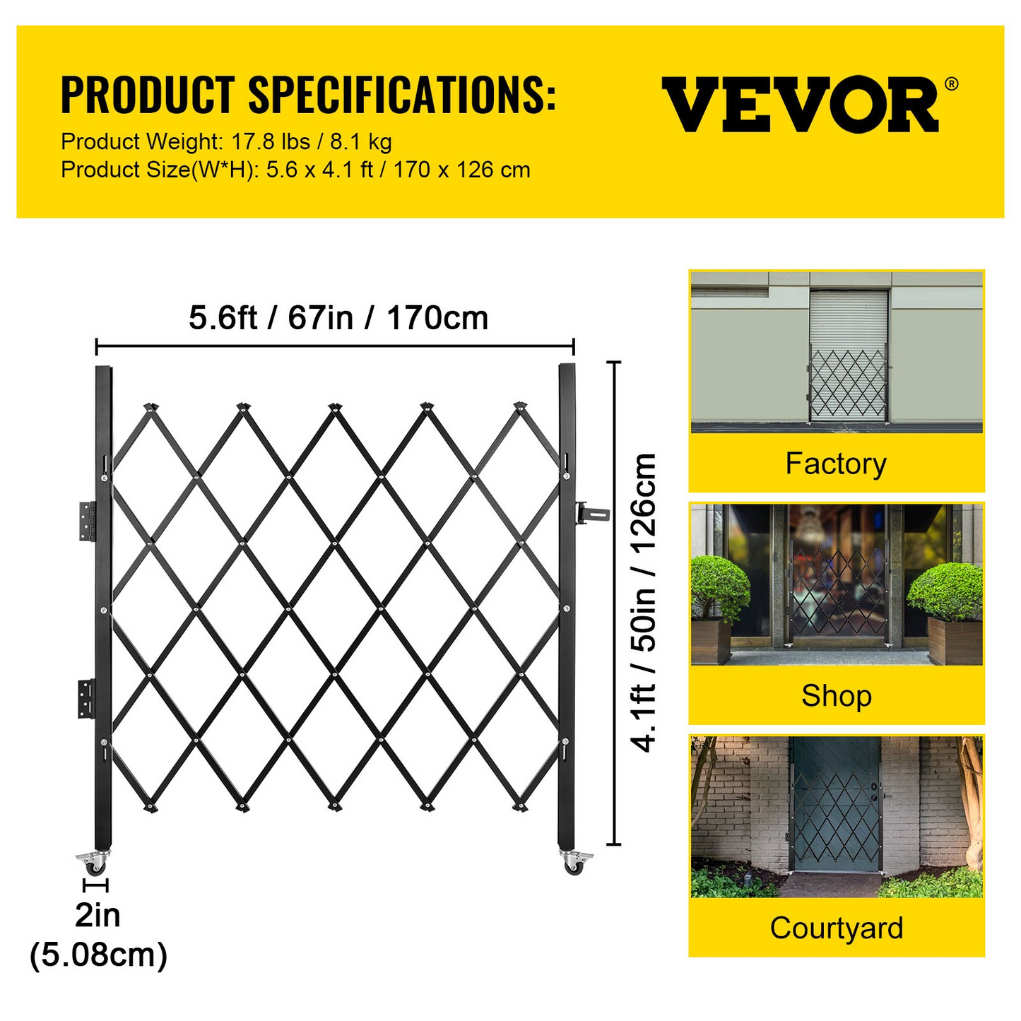 VEVOR Single Folding Security Gate, 48" H x 66" W Folding Door Gate, Steel Accordion Security Gate, Flexible Expanding Security Gate, 360° Rolling Barricade Gate, Scissor Gate or Door with Padlock