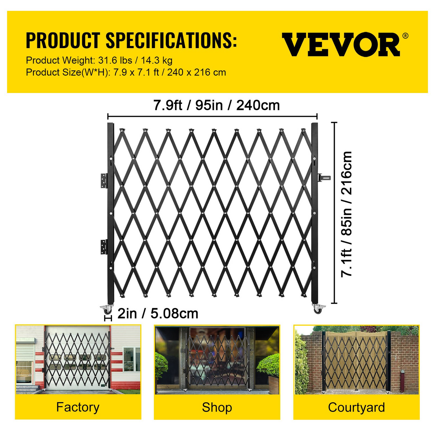 VEVOR Single Folding Security Gate, 7.1'H x 7.9' W （85 x 95 inch）Folding Door Gate, Steel Accordion Security Gate, Flexible Expanding Security Gate, 360° Rolling Barricade Gate, Scissor Gate/Door with Padlock