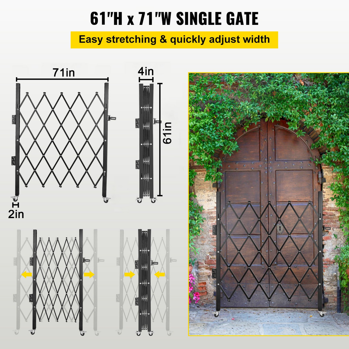 VEVOR Single Folding Security Gate, 5.1'H x 5.9'W （61 x 71 inch）Folding Door Gate, Steel Accordion Security Gate, Flexible Expanding Security Gate, 360° Rolling Barricade Gate, Scissor Gate/Door with Padlock