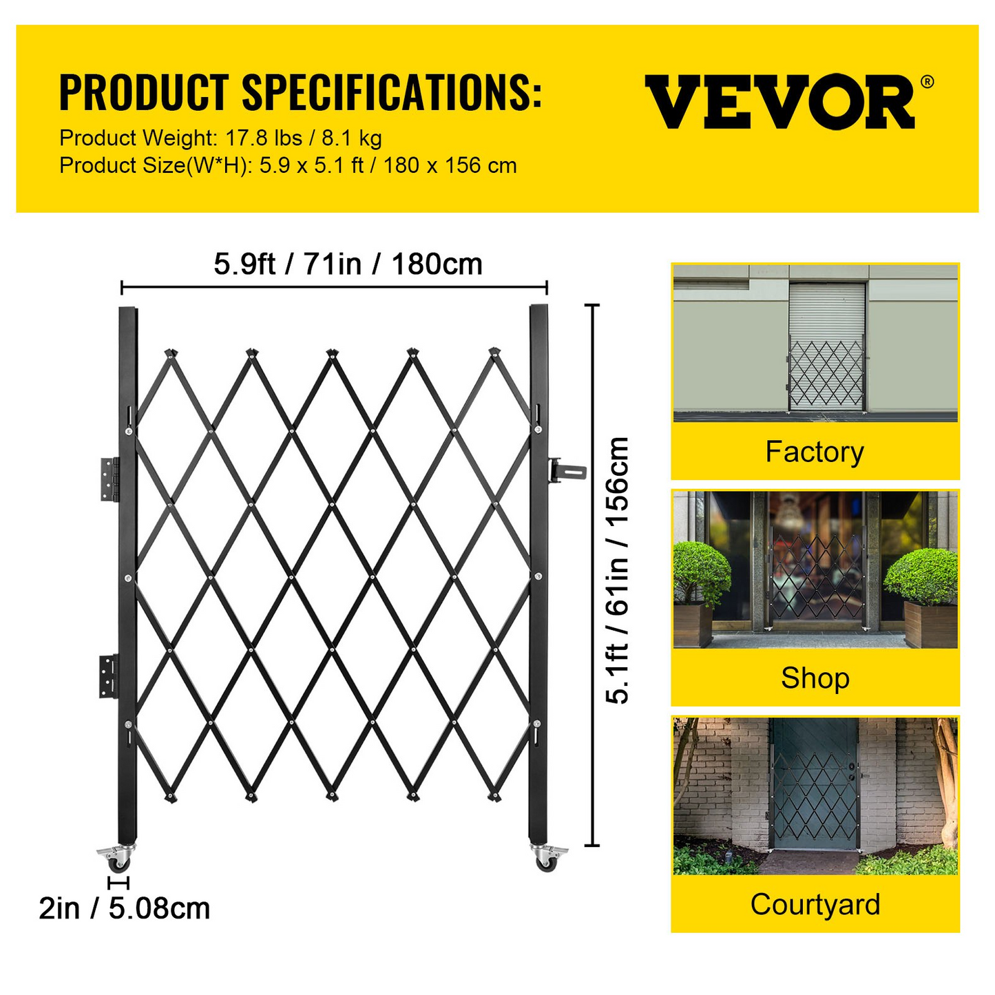 VEVOR Single Folding Security Gate, 5.1'H x 5.9'W （61 x 71 inch）Folding Door Gate, Steel Accordion Security Gate, Flexible Expanding Security Gate, 360° Rolling Barricade Gate, Scissor Gate/Door with Padlock