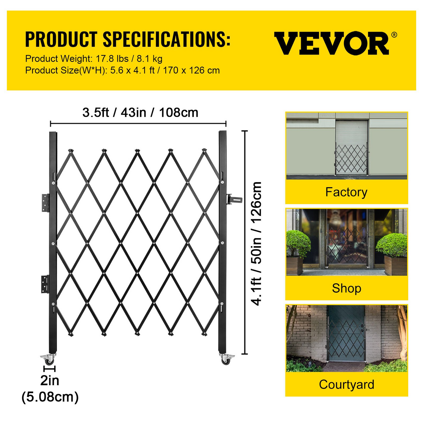 VEVOR Single Folding Security Gate, 48" H x 37" W Folding Door Gate, Steel Accordion Security Gate, Flexible Expanding Security Gate, 360° Rolling Barricade Gate, Scissor Gate or Door with Padlock