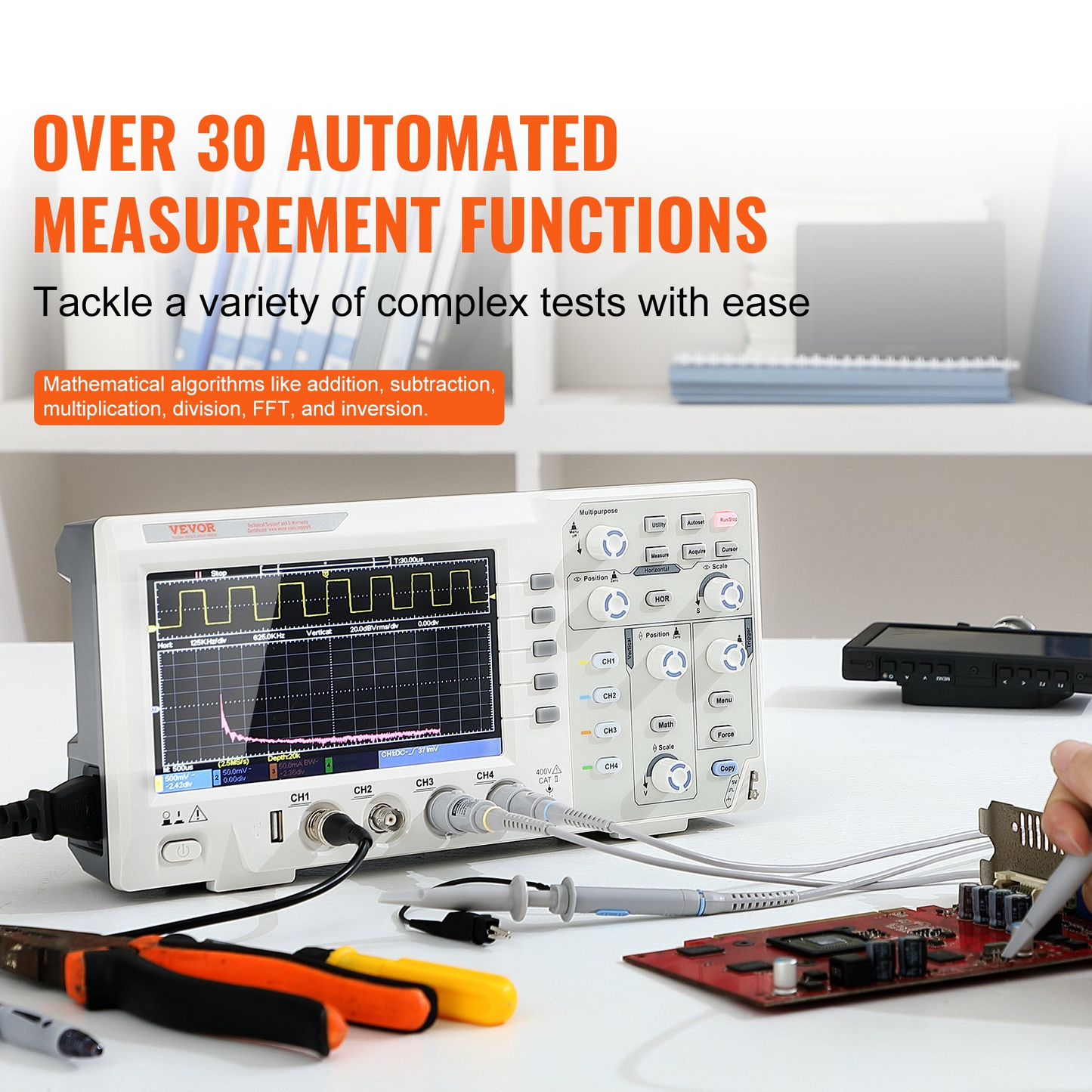 VEVOR Digital Oscilloscope, 1GS/S Sampling Rate, 100MHZ Bandwidth Portable Oscilloscope with 4 Channels 7-inch Color Screen, 30 Automatic Measurement Functions for Electronic Circuit Testing DIY