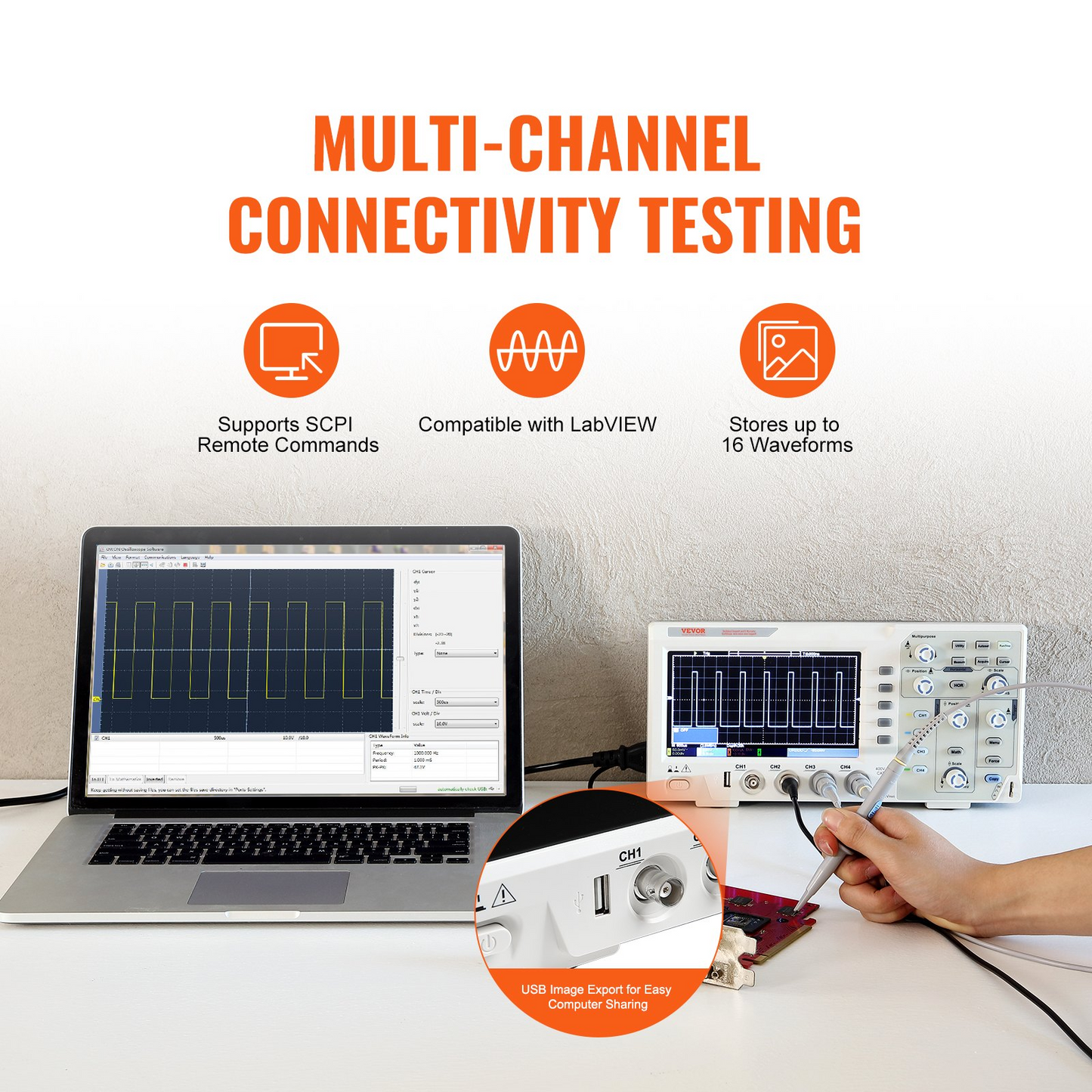 VEVOR Digital Oscilloscope, 1GS/S Sampling Rate, 100MHZ Bandwidth Portable Oscilloscope with 4 Channels 7-inch Color Screen, 30 Automatic Measurement Functions for Electronic Circuit Testing DIY