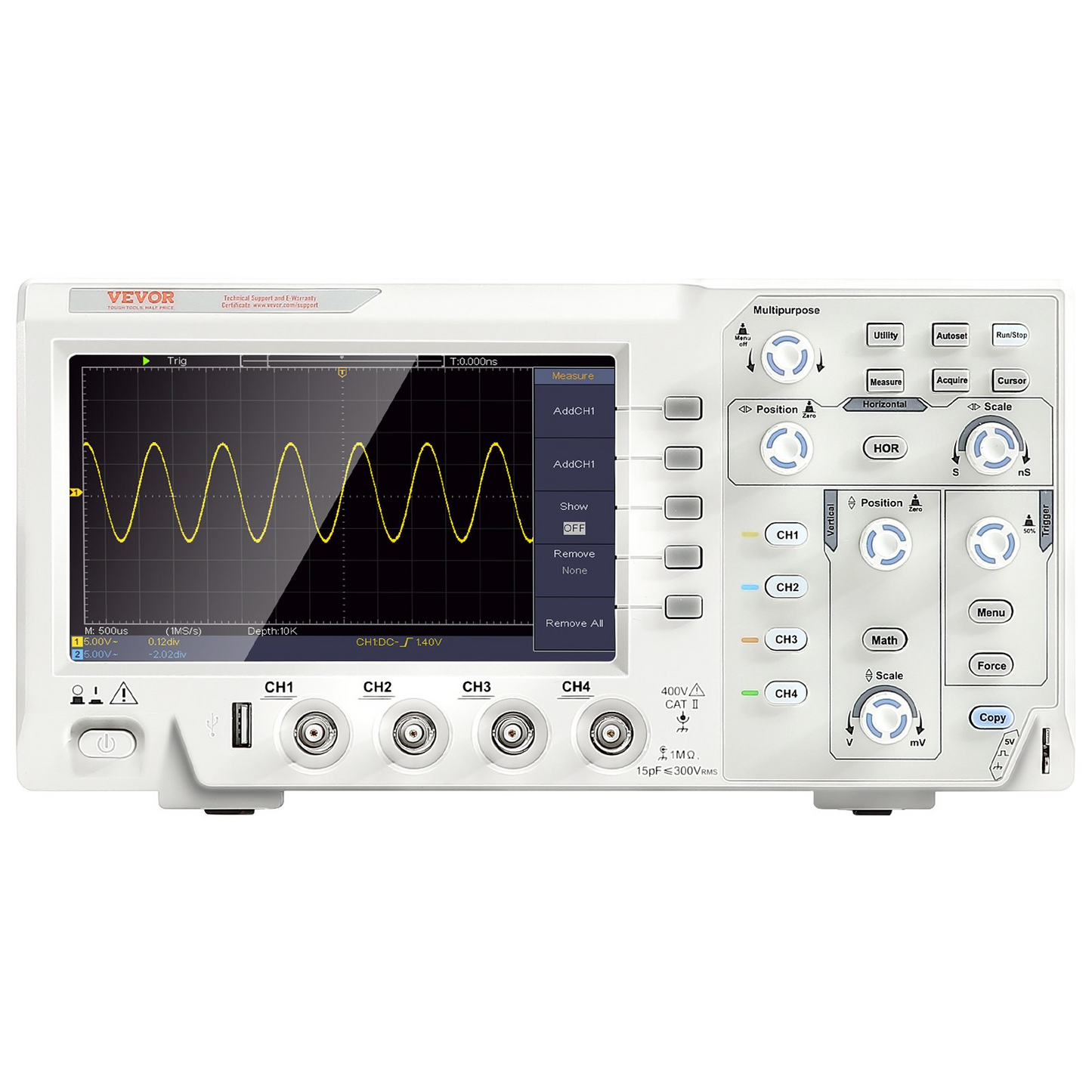 VEVOR Digital Oscilloscope, 1GS/S Sampling Rate, 100MHZ Bandwidth Portable Oscilloscope with 4 Channels 7-inch Color Screen, 30 Automatic Measurement Functions for Electronic Circuit Testing DIY