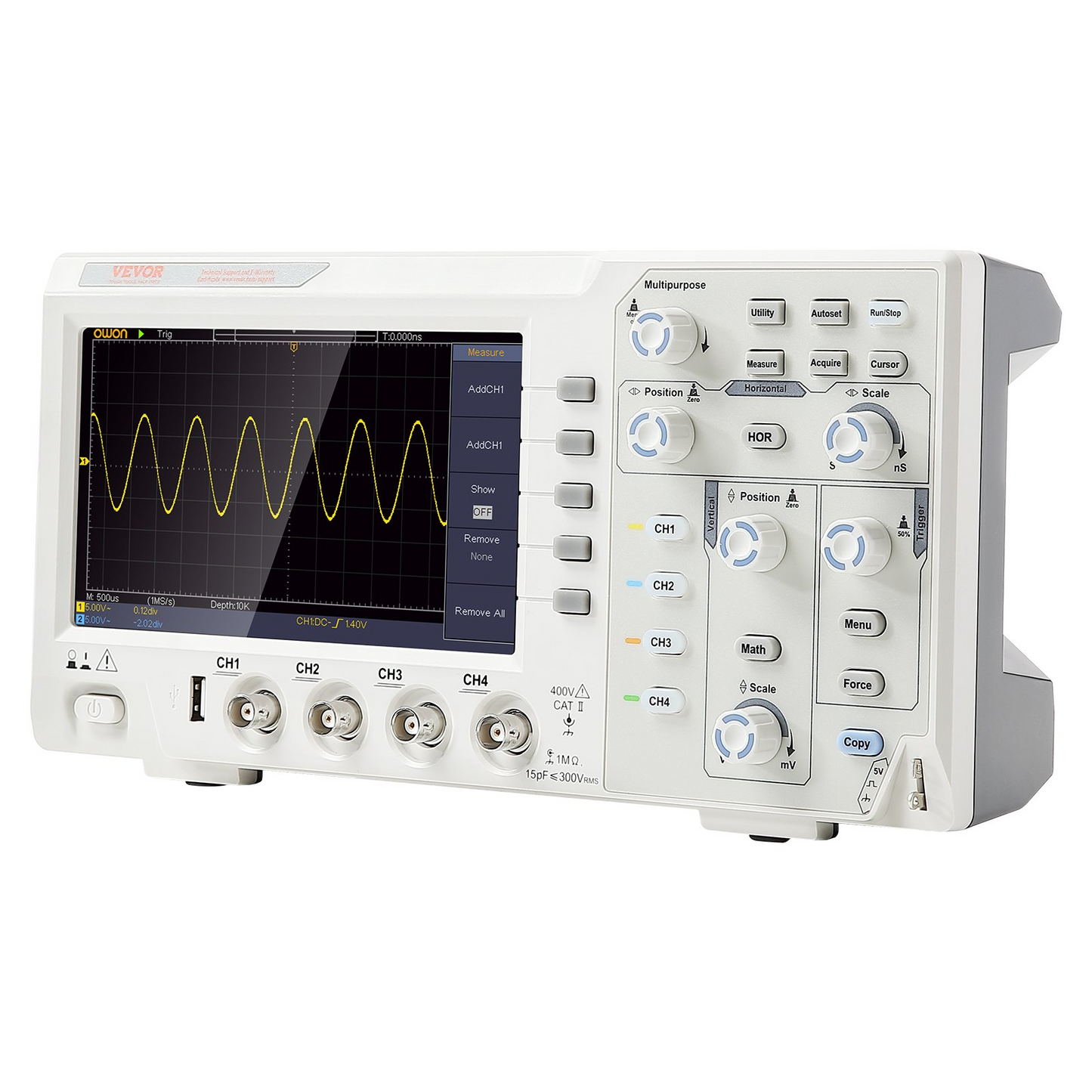 VEVOR Digital Oscilloscope, 1GS/S Sampling Rate, 100MHZ Bandwidth Portable Oscilloscope with 4 Channels 7-inch Color Screen, 30 Automatic Measurement Functions for Electronic Circuit Testing DIY