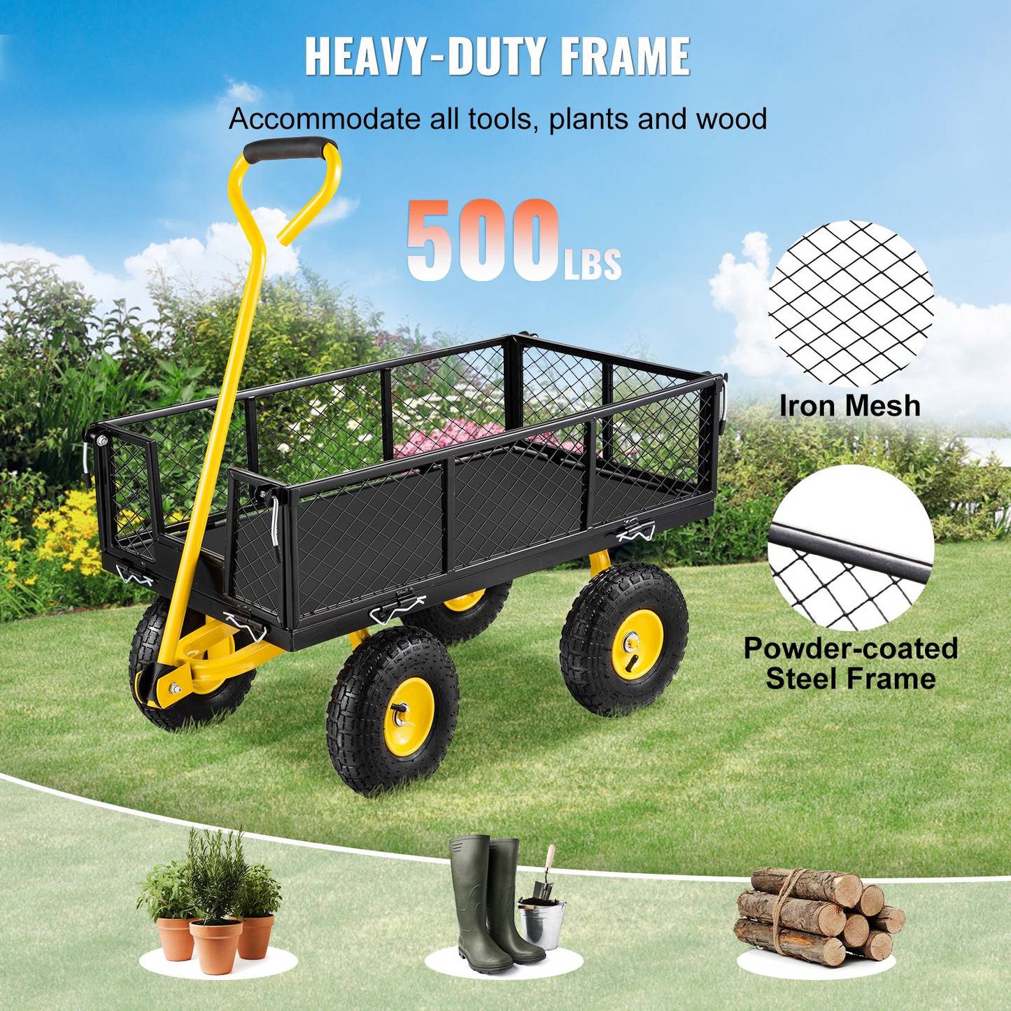 VEVOR Steel Garden Cart, Heavy Duty 500 lbs Capacity, with Removable Mesh Sides to Convert into Flatbed, Utility Metal Wagon with 180° Rotating Handle and 10 in Tires, Perfect for Garden, Farm, Yard