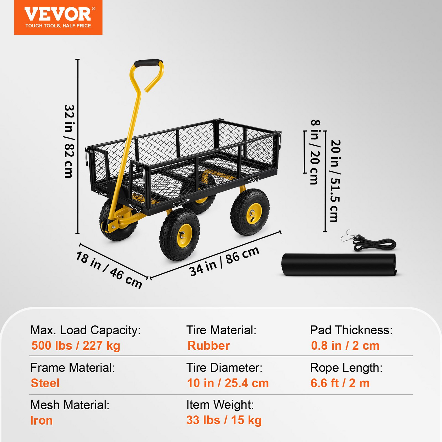 VEVOR Steel Garden Cart, Heavy Duty 500 lbs Capacity, with Removable Mesh Sides to Convert into Flatbed, Utility Metal Wagon with 180° Rotating Handle and 10 in Tires, Perfect for Garden, Farm, Yard