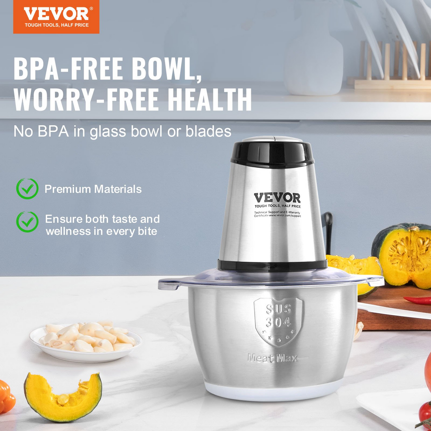 VEVOR Food Processor, Electric Meat Grinder with 4-Wing Stainless Steel Blades, 400W Electric Food Chopper, 8 Cup Stainless Steel Bowl, 2 Speeds Food Grinder for Baby Food, Meat, Onion, Vegetables