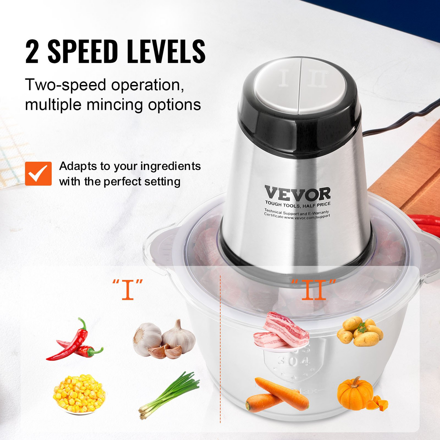 VEVOR Food Processor, Electric Meat Grinder with 4-Wing Stainless Steel Blades, 400W Electric Food Chopper, 8 Cup Stainless Steel Bowl, 2 Speeds Food Grinder for Baby Food, Meat, Onion, Vegetables