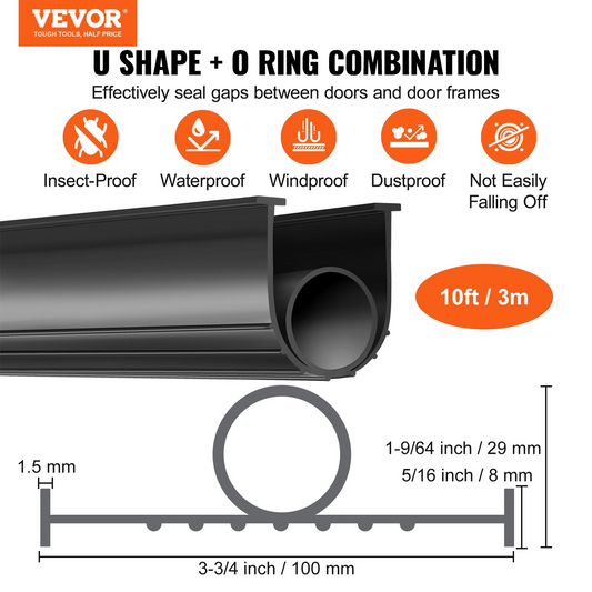 VEVOR Garage Door Seals Bottom Rubber, U Shape +O Ring Garage Door Weather Stripping, Universal Weatherproof Threshold Buffering Sealing Rubber , 5/16 inch T-ends and 3 3/4 inch Width (10 Ft, Black)