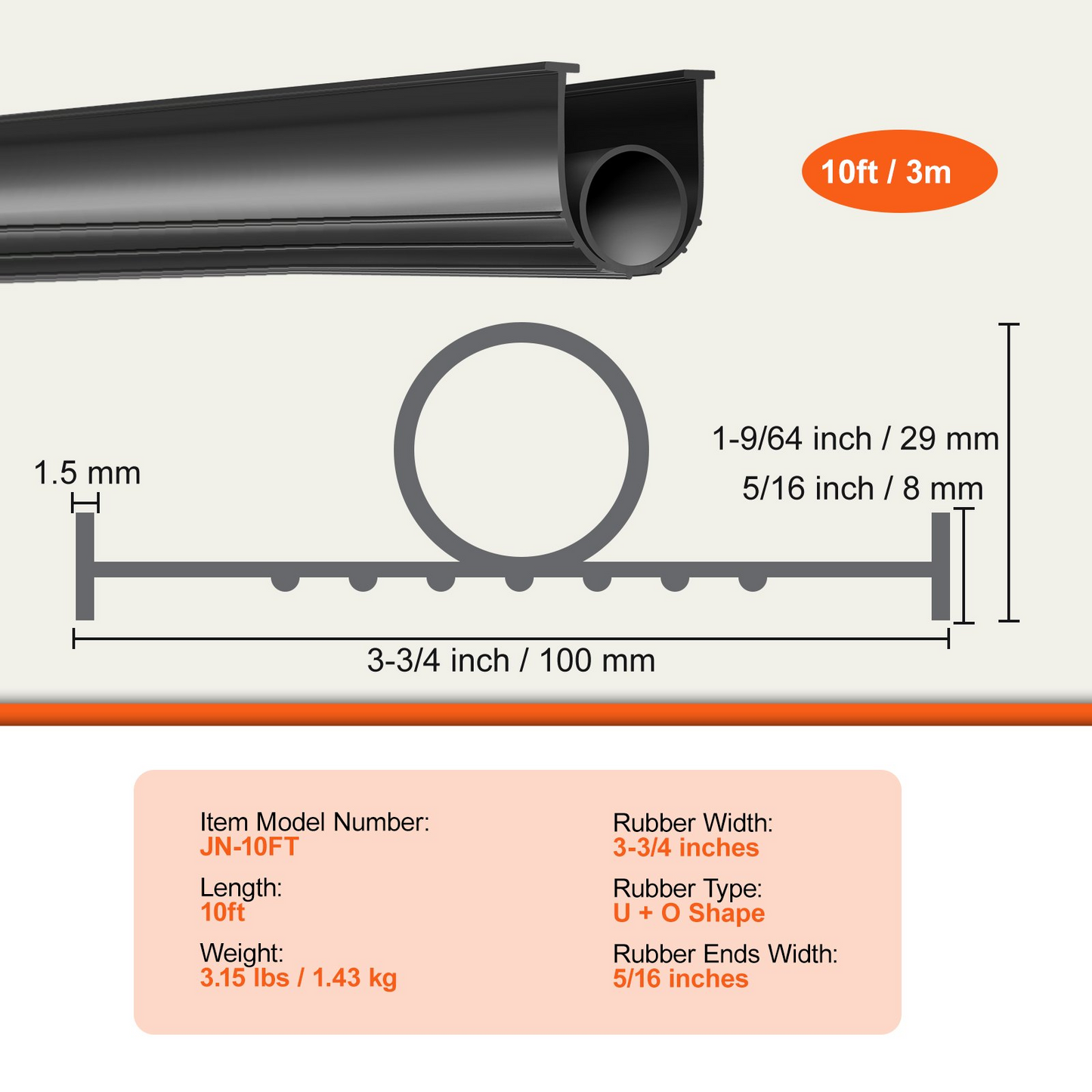 VEVOR Garage Door Seals Bottom Rubber, U Shape +O Ring Garage Door Weather Stripping, Universal Weatherproof Threshold Buffering Sealing Rubber , 5/16 inch T-ends and 3 3/4 inch Width (10 Ft, Black)