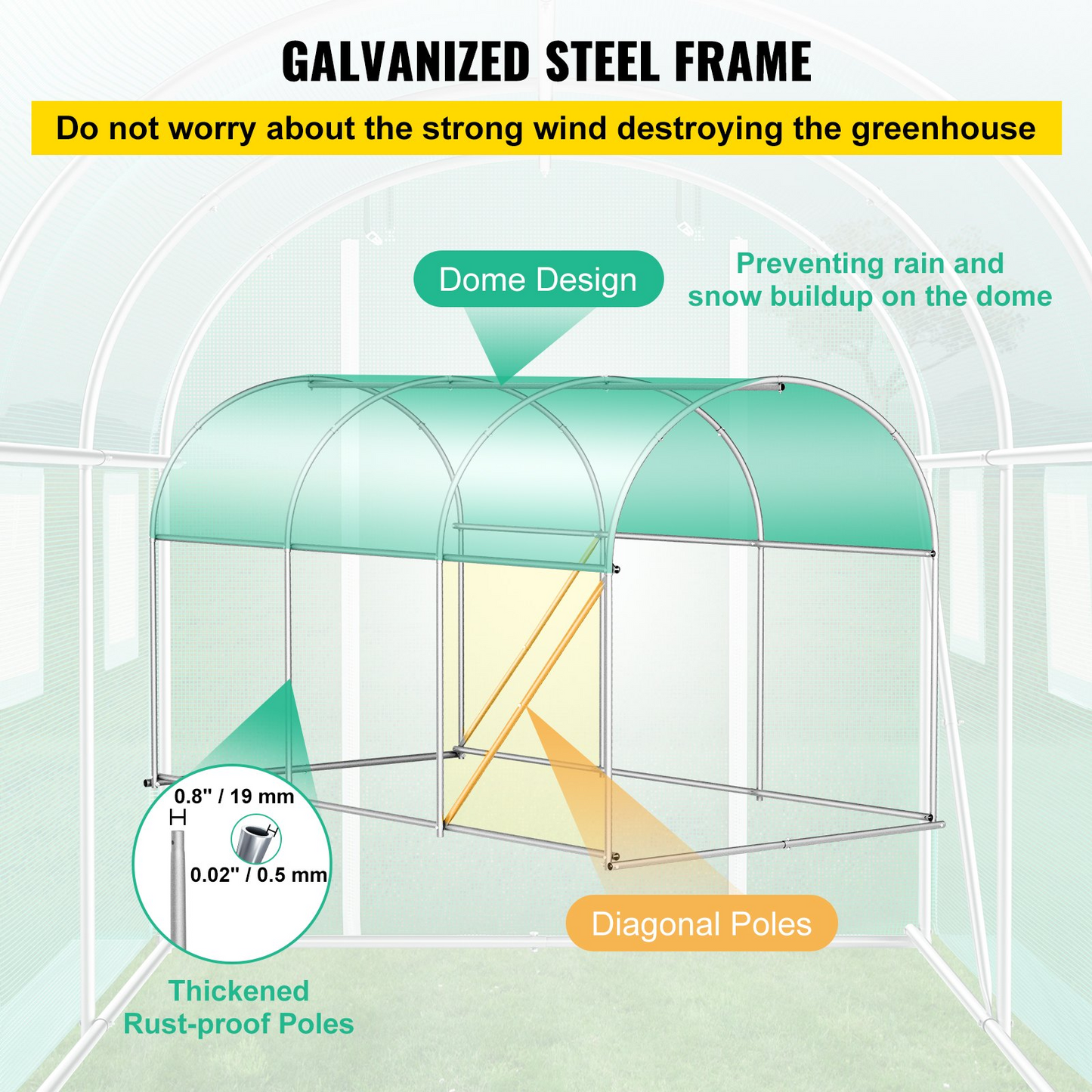 VEVOR Walk-in Tunnel Greenhouse, 12 x 7 x 7 ft Portable Plant Hot House w/ Galvanized Steel Hoops, 1 Top Beam, Diagonal Poles, Zippered Door & 6 Roll-up Windows, Green