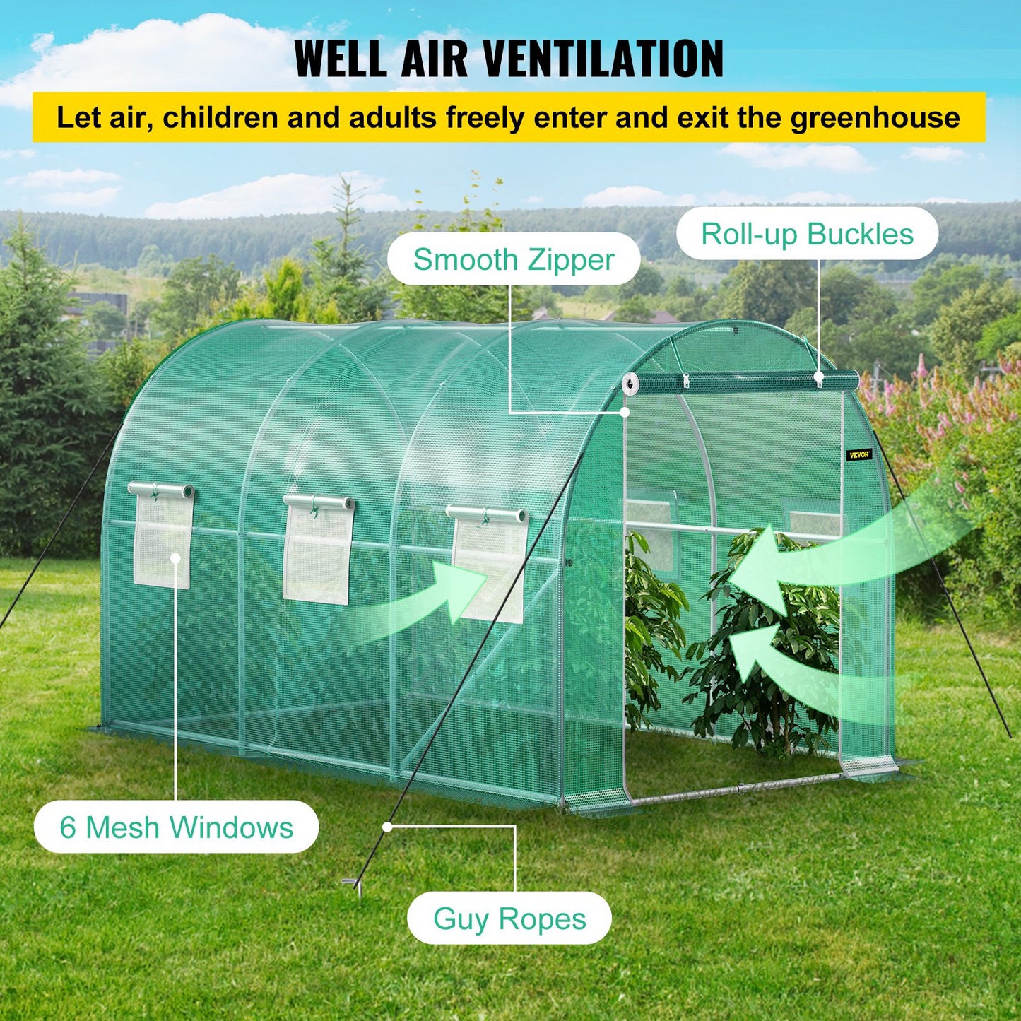 VEVOR Walk-in Tunnel Greenhouse, 12 x 7 x 7 ft Portable Plant Hot House w/ Galvanized Steel Hoops, 1 Top Beam, Diagonal Poles, Zippered Door & 6 Roll-up Windows, Green