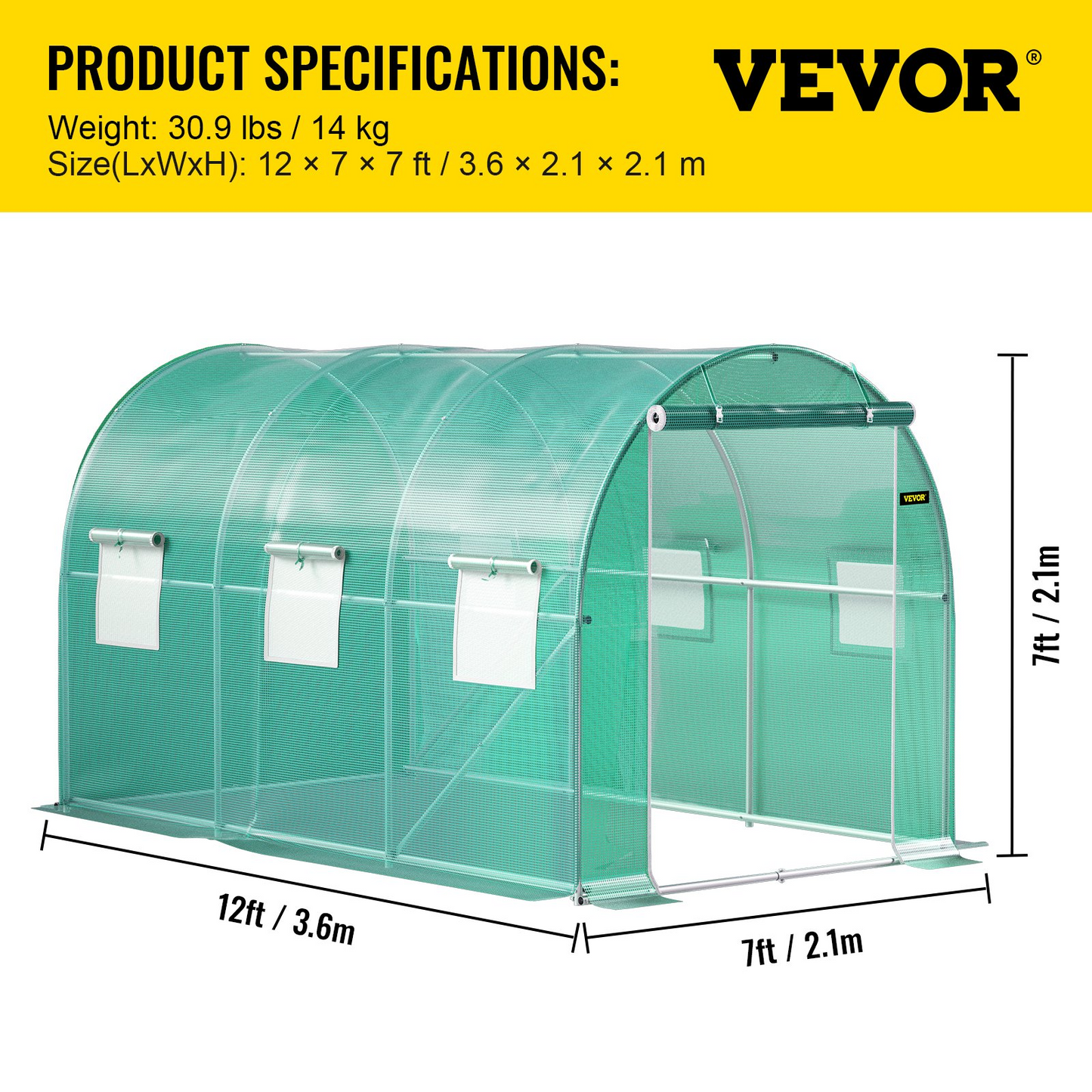 VEVOR Walk-in Tunnel Greenhouse, 12 x 7 x 7 ft Portable Plant Hot House w/ Galvanized Steel Hoops, 1 Top Beam, Diagonal Poles, Zippered Door & 6 Roll-up Windows, Green