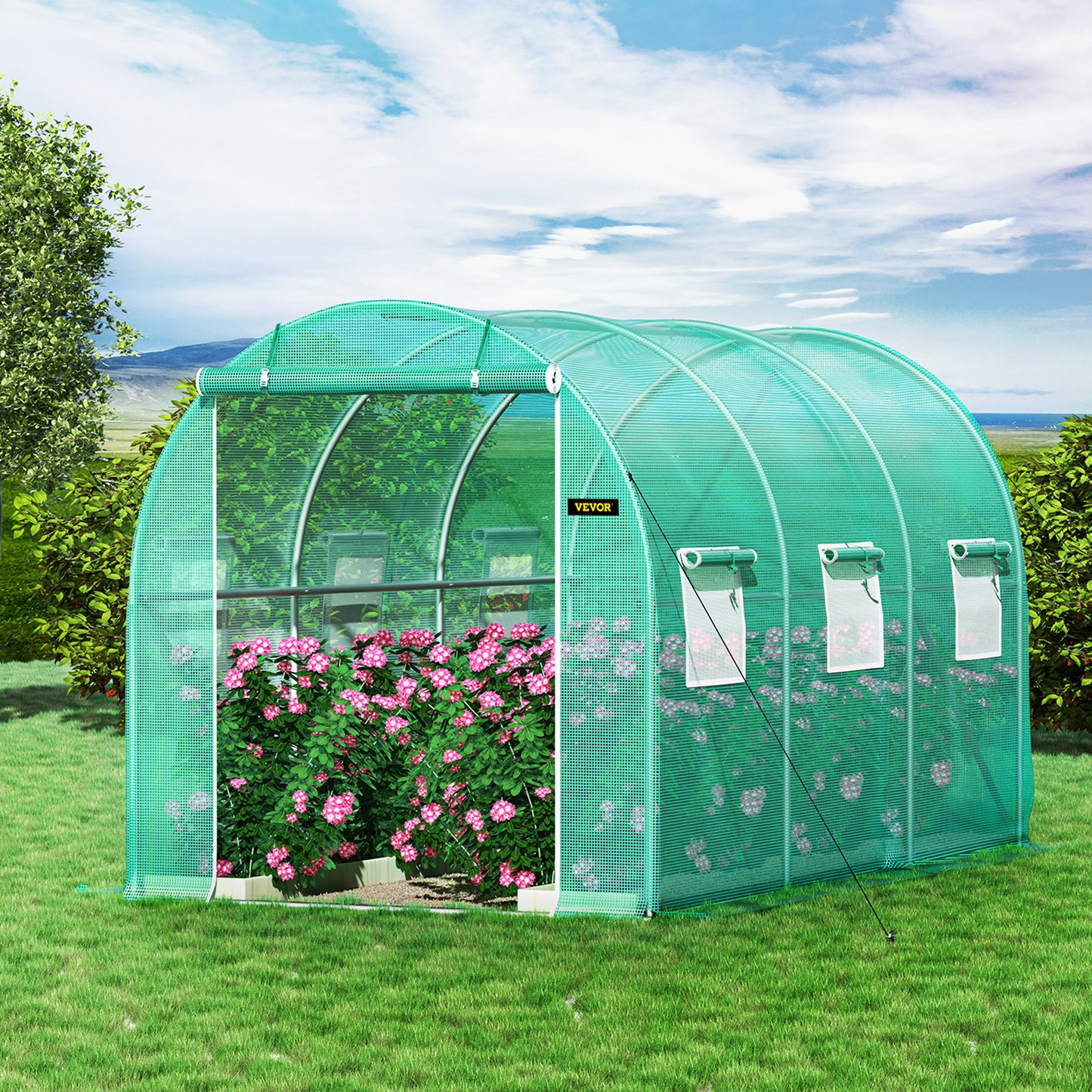 VEVOR Walk-in Tunnel Greenhouse, 12 x 7 x 7 ft Portable Plant Hot House w/ Galvanized Steel Hoops, 1 Top Beam, Diagonal Poles, Zippered Door & 6 Roll-up Windows, Green