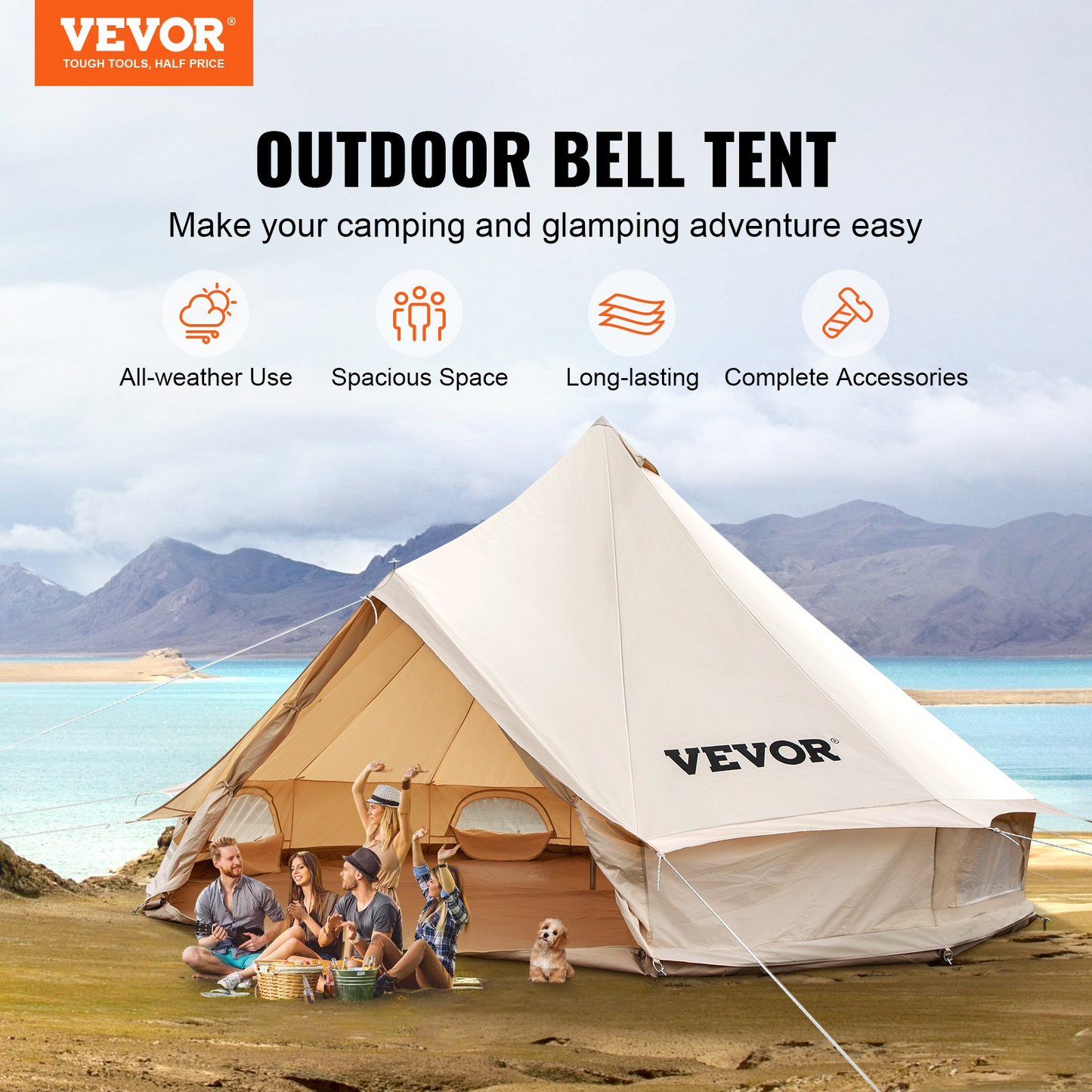 VEVOR 3-5 Person Canvas Glamping Bell Tent, Breathable Waterproof Yurt Tent with Stove Jack and Detachable Side Wall for Family Camping, 10'x 10'x98"(Diameter 3M)