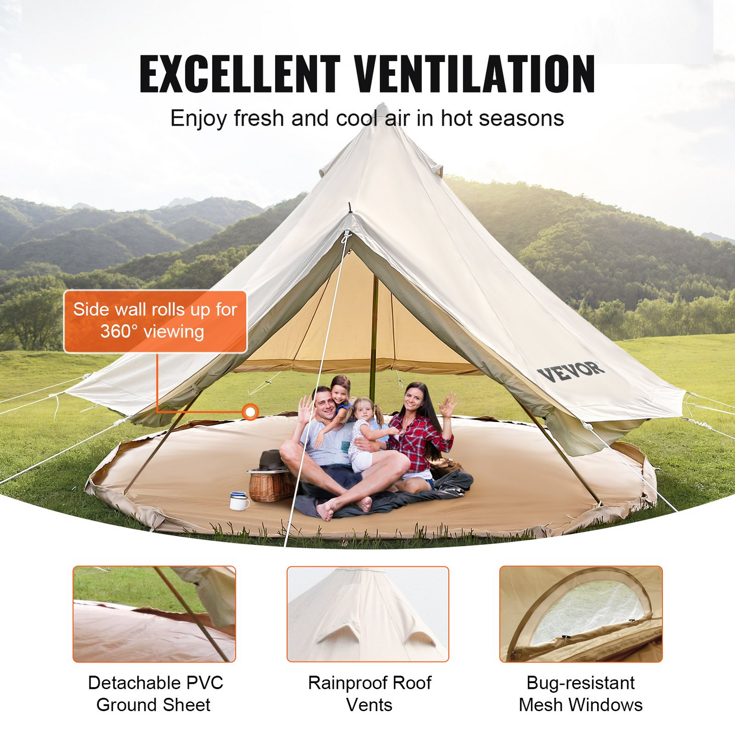 VEVOR 3-5 Person Canvas Glamping Bell Tent, Breathable Waterproof Yurt Tent with Stove Jack and Detachable Side Wall for Family Camping, 10'x 10'x98"(Diameter 3M)